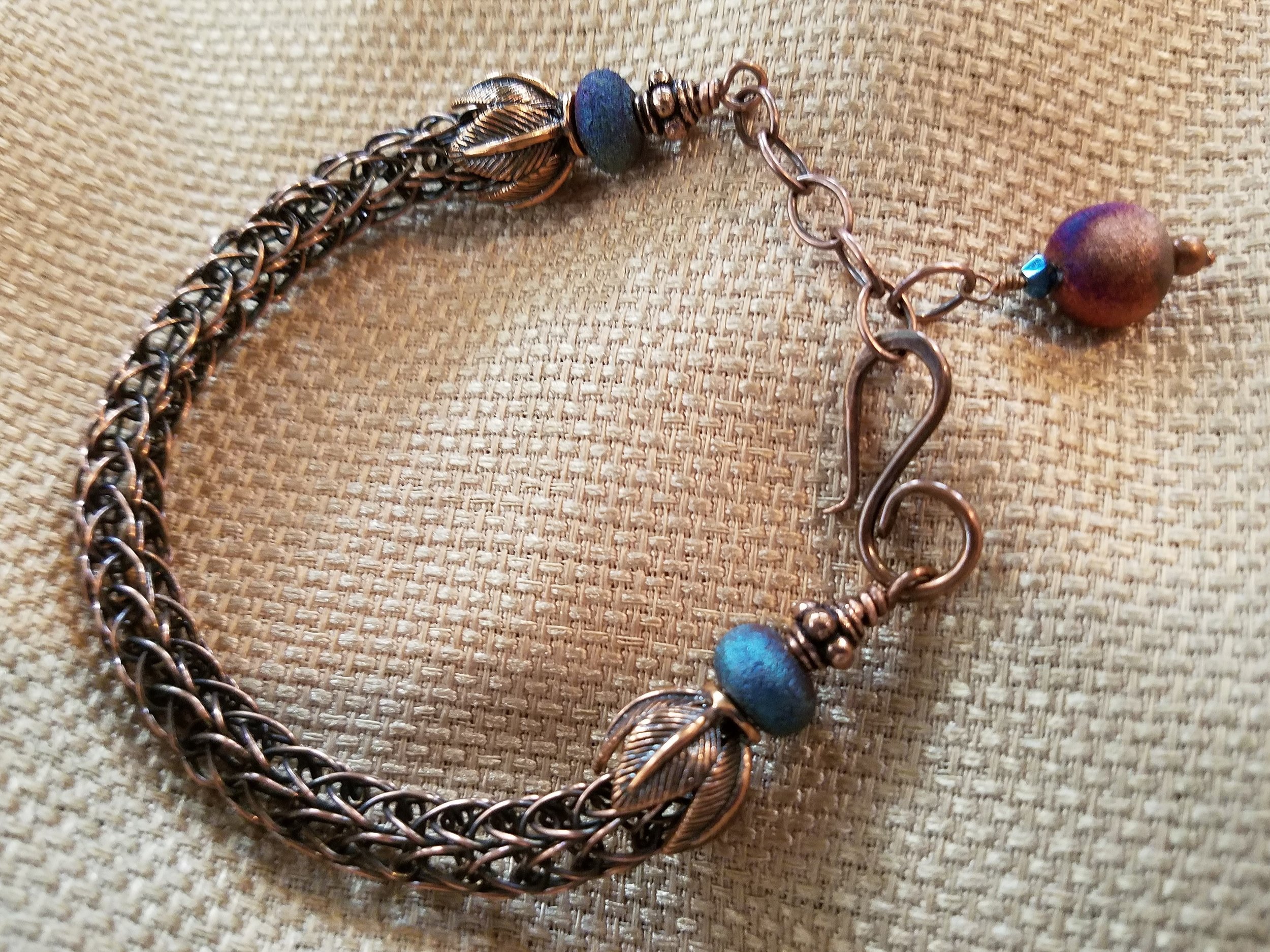 Viking knit natural Baltic amber bracelet 17 gr solid copper 
