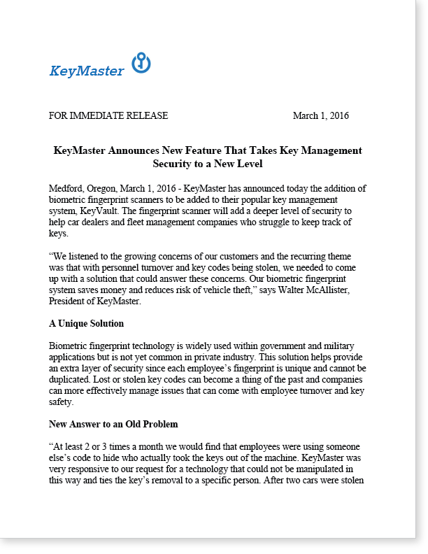 KeyMaster | Press Release (Sample) Click To View Project