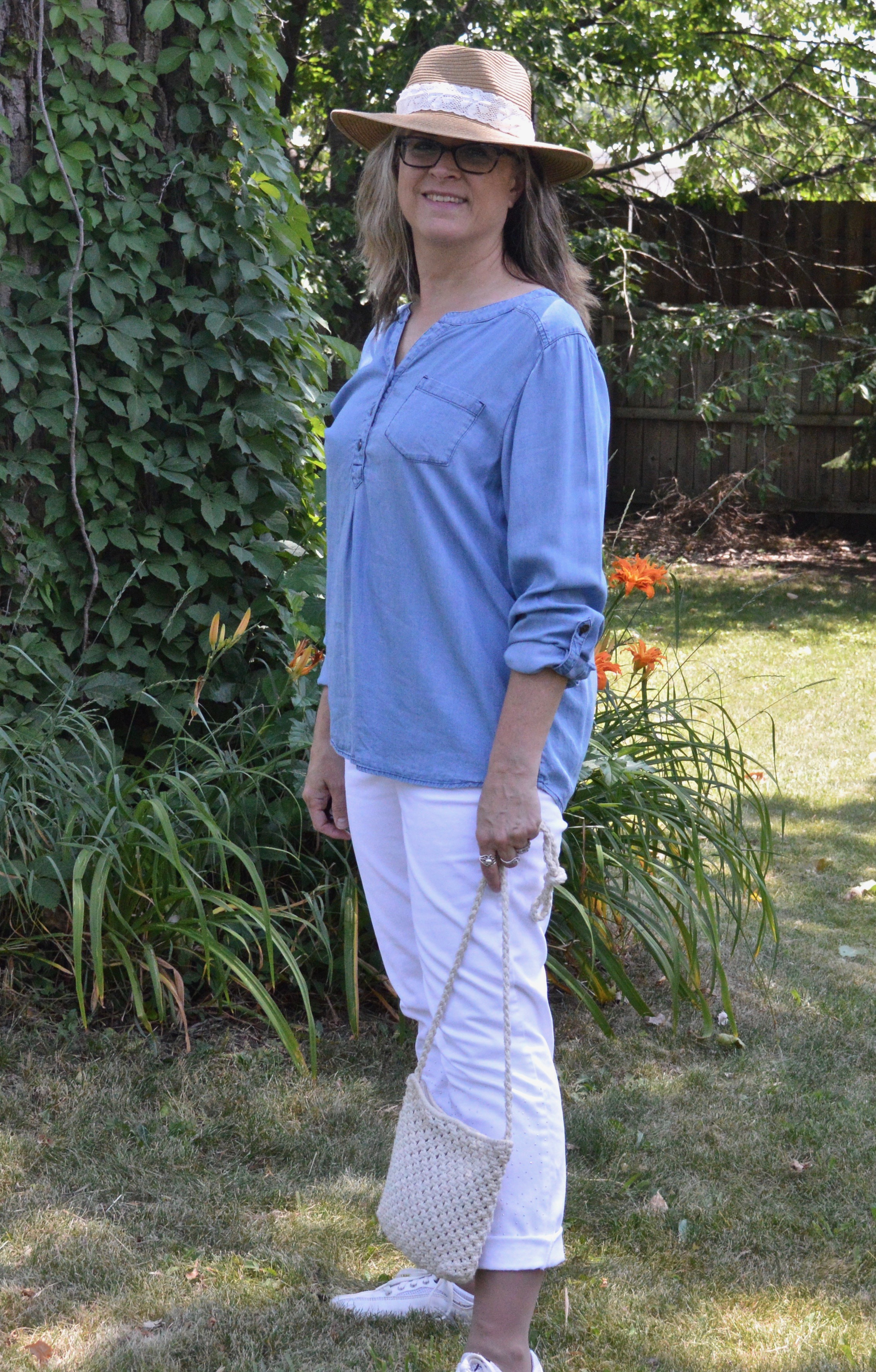 Outfit Inspiration - Chambray Shirt with White Pants — Stylin' Granny Mama