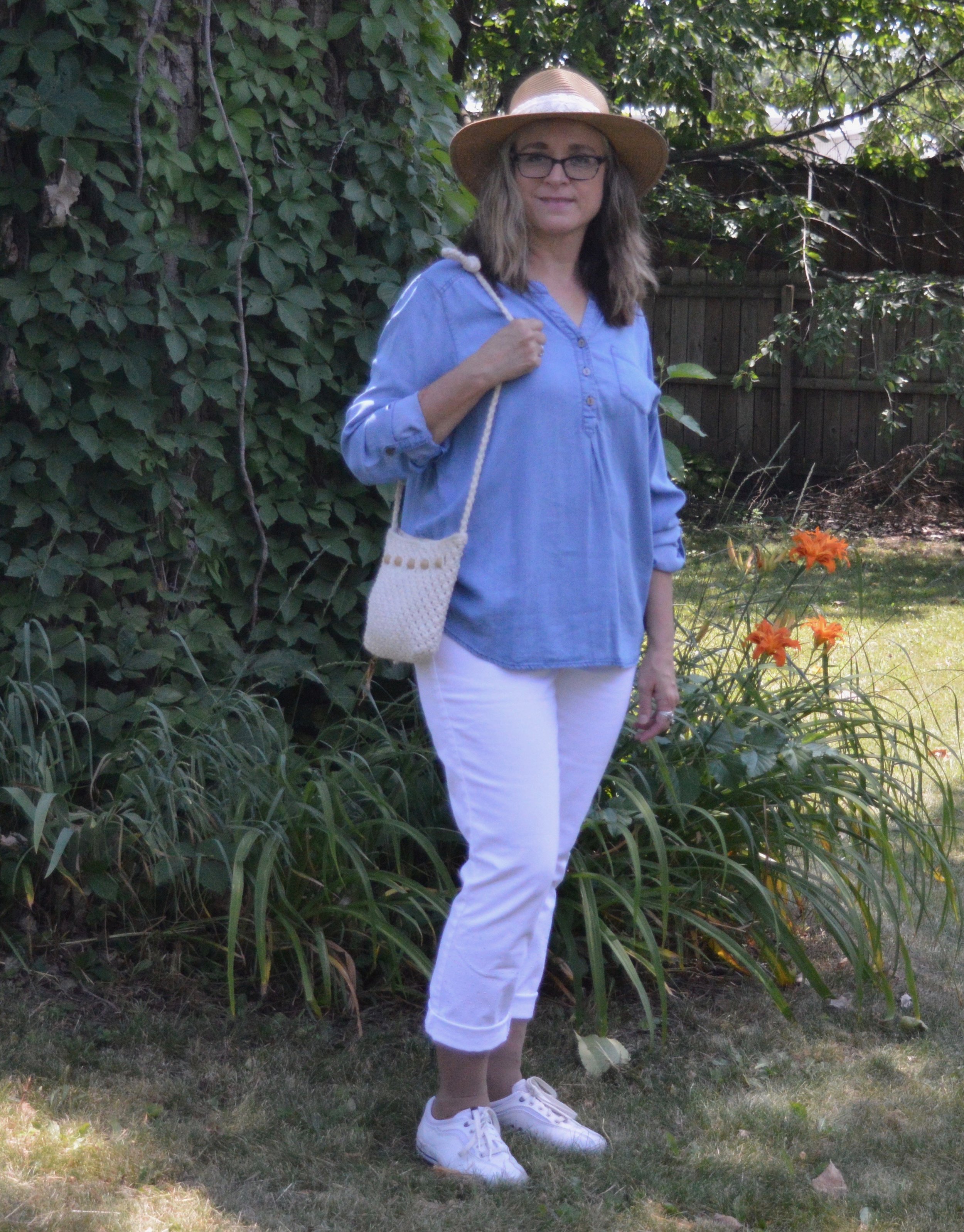 Outfit Inspiration - Chambray Shirt with White Pants — Stylin' Granny Mama