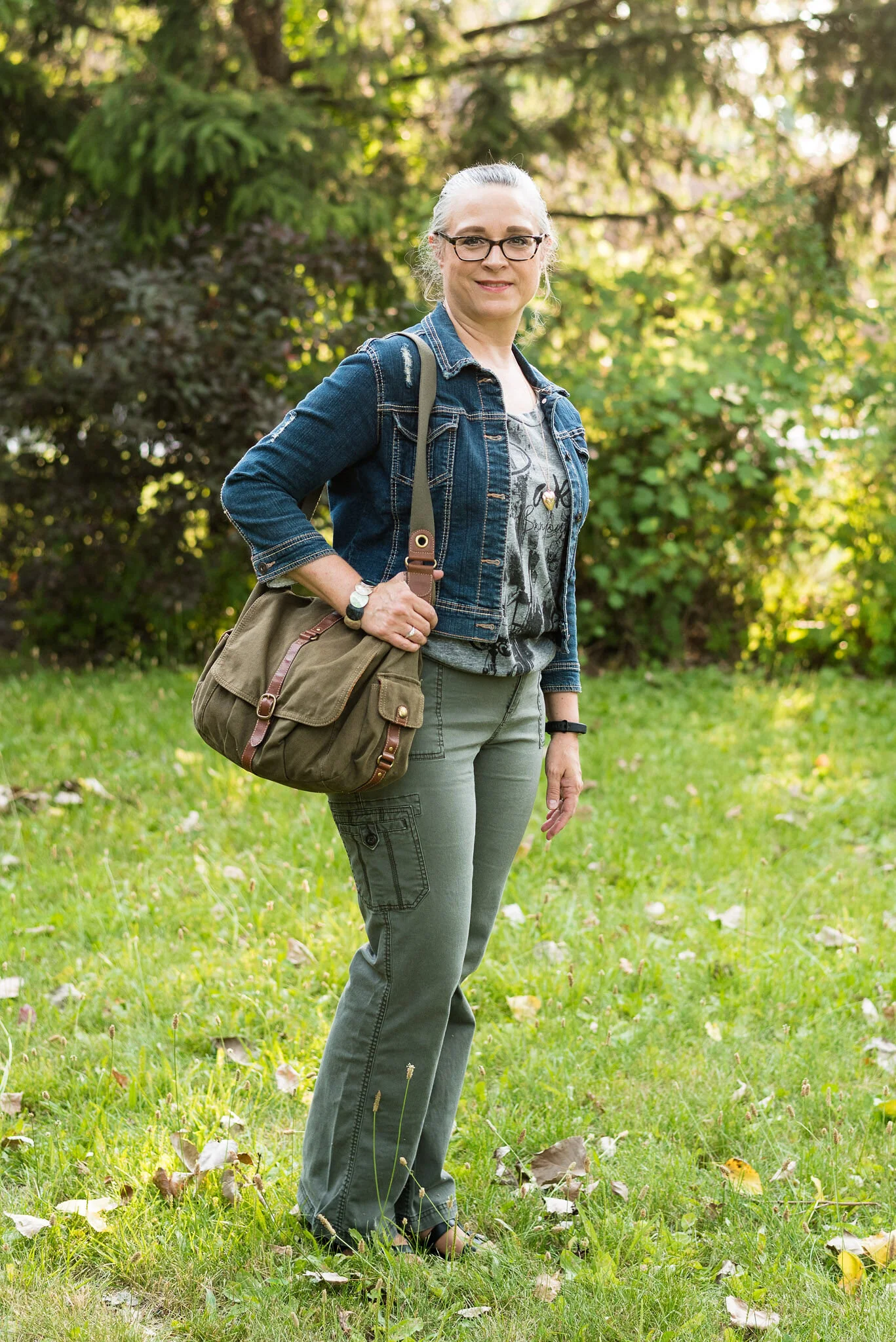 denim jacket olive pants