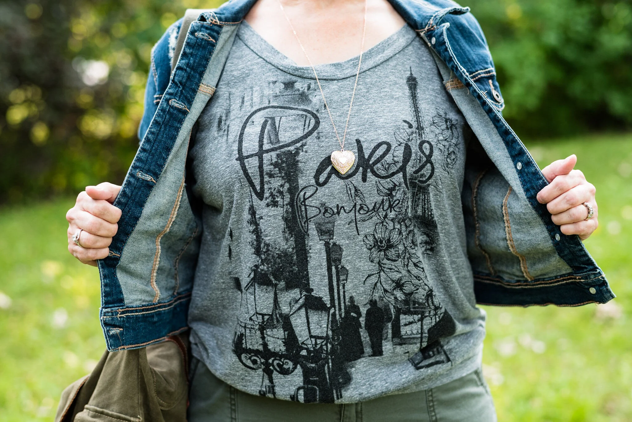 Actual Amy - Olive pants, graphic tee and cropped denim jacket