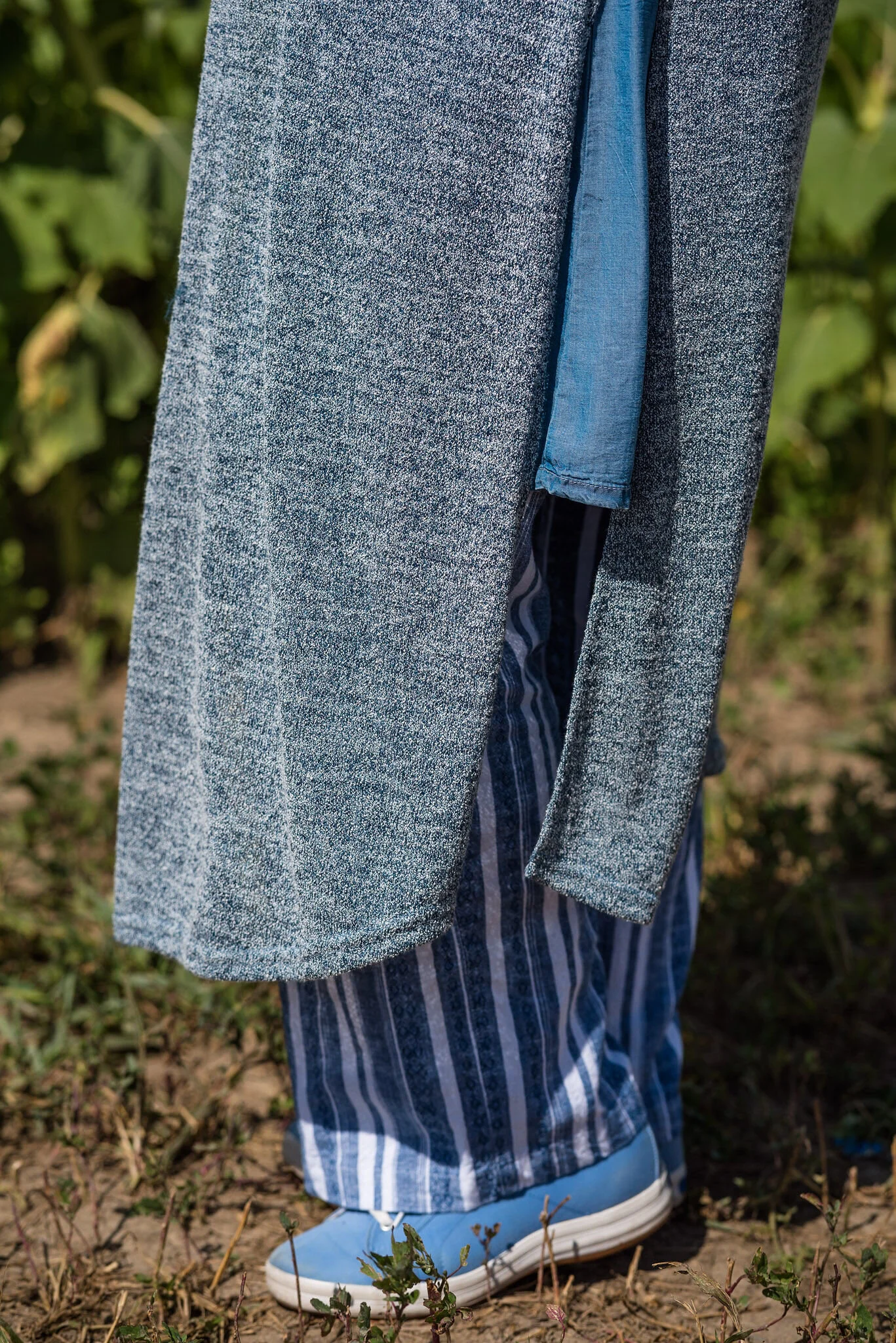Chambray dress with linen pants and long vest