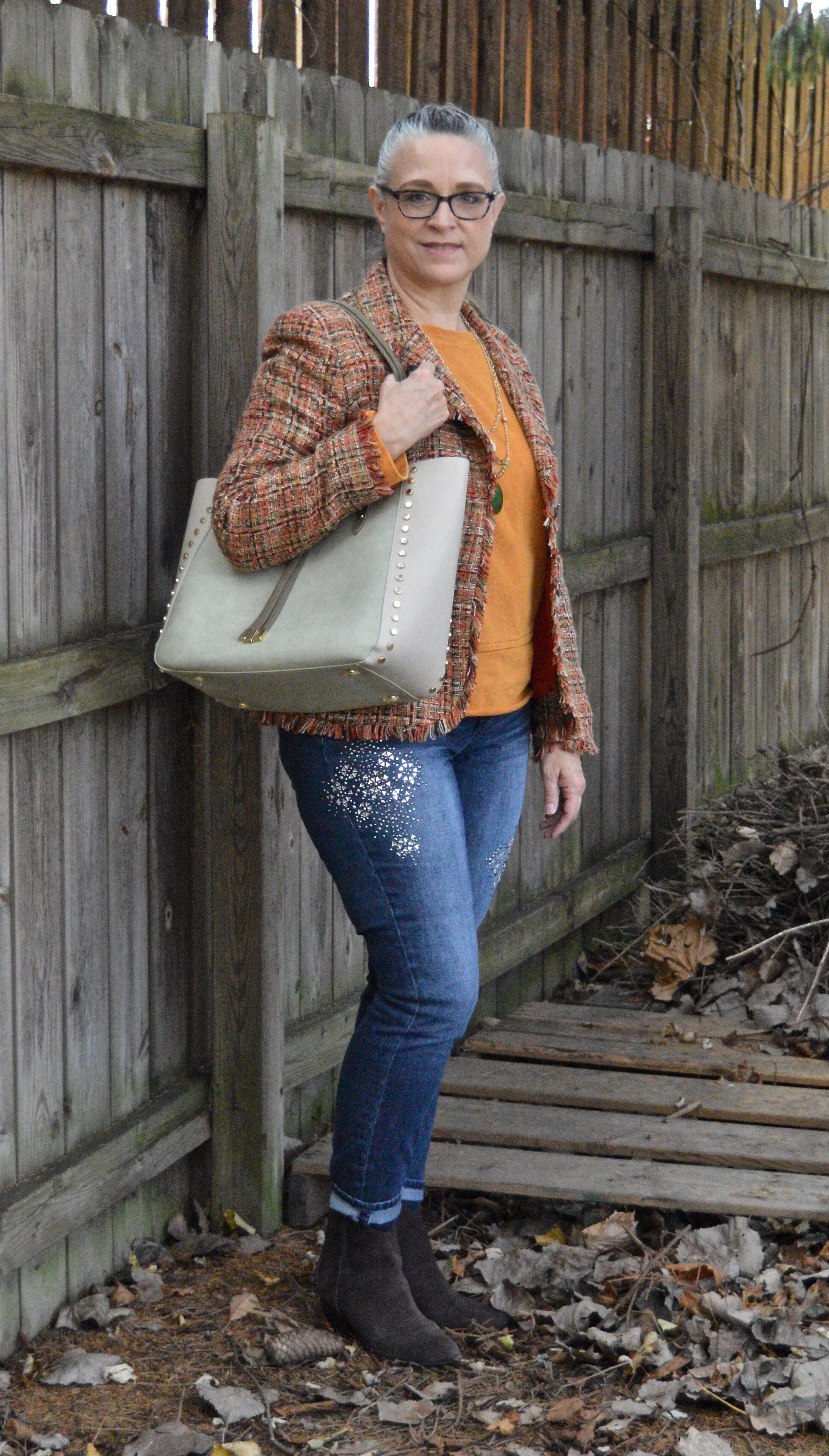 Fall/Thanksgiving - dark yellow sweatshirt, skinny jeans and tweed jacket