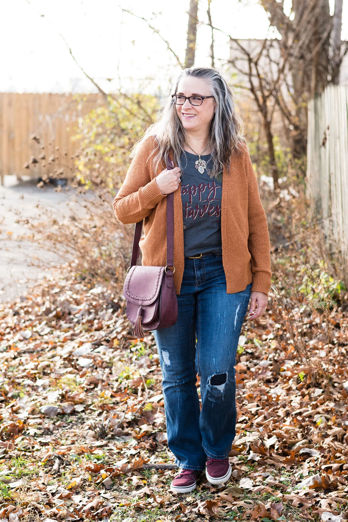 Fall/Thanksgiving outfit - distressed jeans and harvest tee - casual