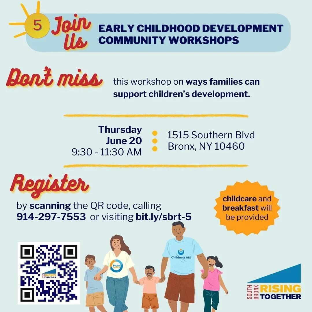 Join our upcoming workshop on ways families can support child development! 📚👶 Register now at bit.ly/sbrt-5 and secure your spot. This month&rsquo;s session is at 1515 Southern Blvd, Bronx, NY 10460. See you there!
🌟 
&iexcl;Participe en nuestro p