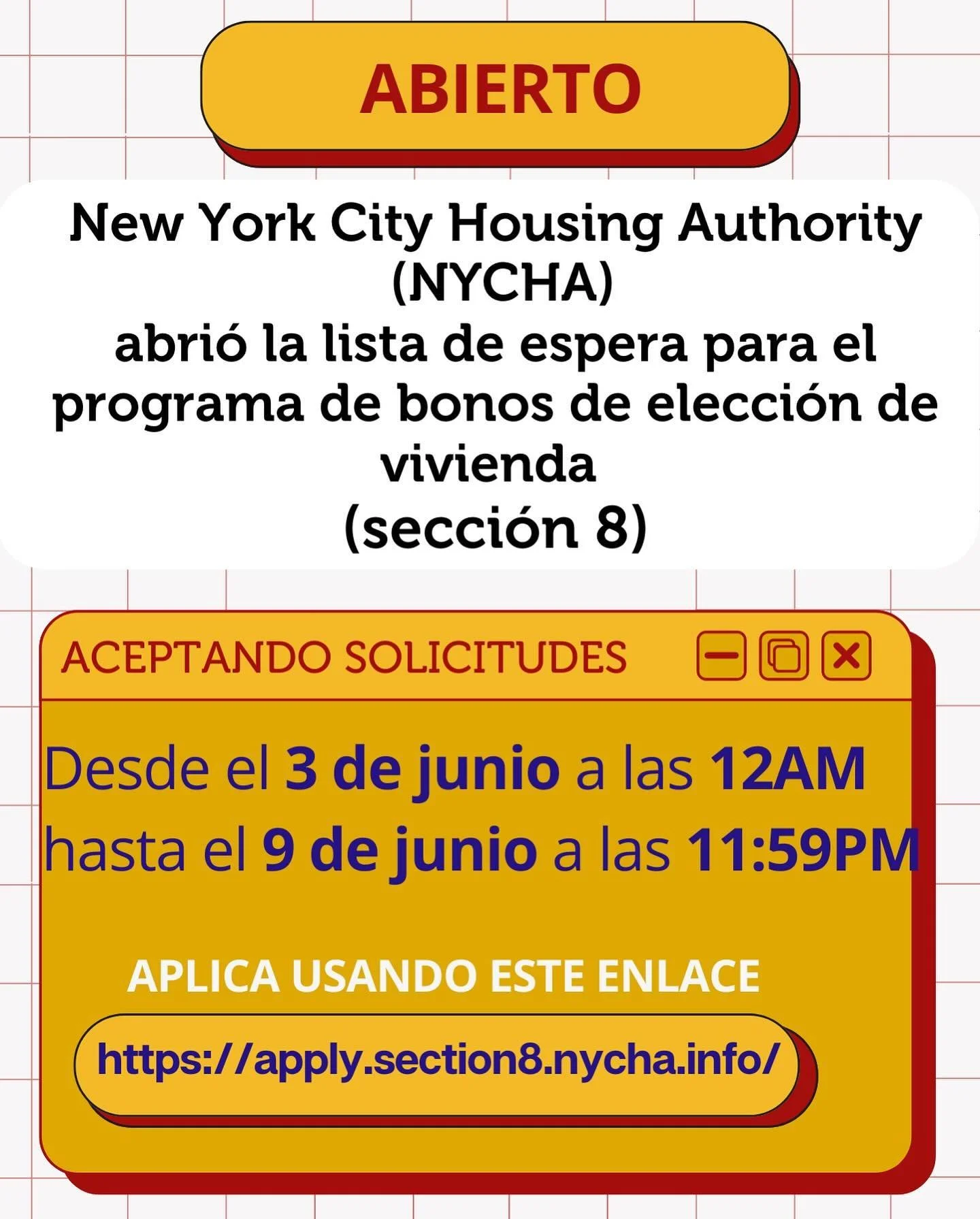 &iexcl;Introduzca ↪️ apply.section8.nycha.info ↩️ en su navegador para iniciar la aplicaci&oacute;n!
La lista de espera estar&aacute; disponible a partir del 1 de agosto. 
&mdash;
Input ↪️ apply.section8.nycha.info ↩️ into your browser to start the a