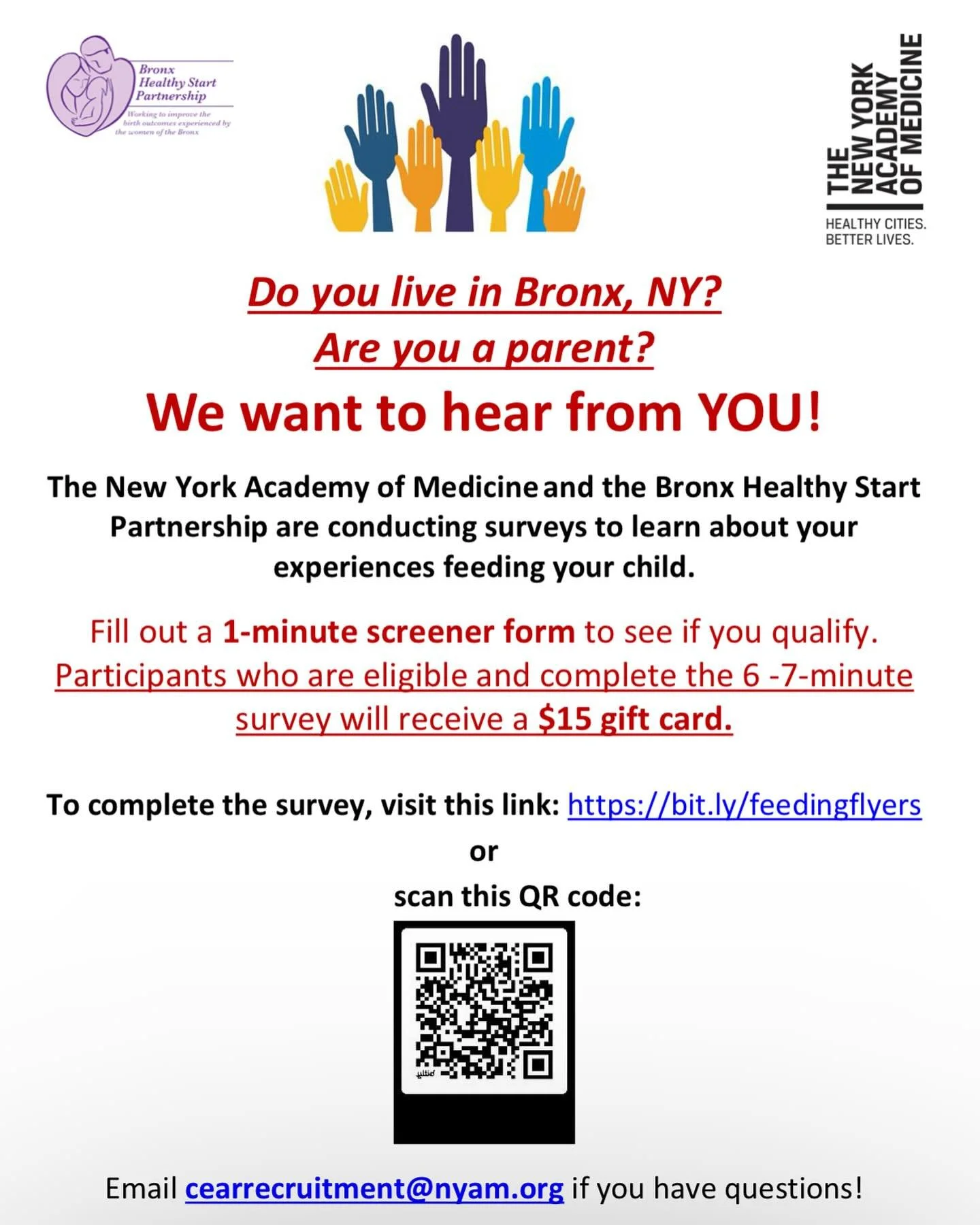 The New York Academy of Medicine is partnering with the Bronx Healthy Start Partnership to conduct a survey focused on understanding how Bronx residents feed their children during early childhood. Eligible participants who complete the survey will re