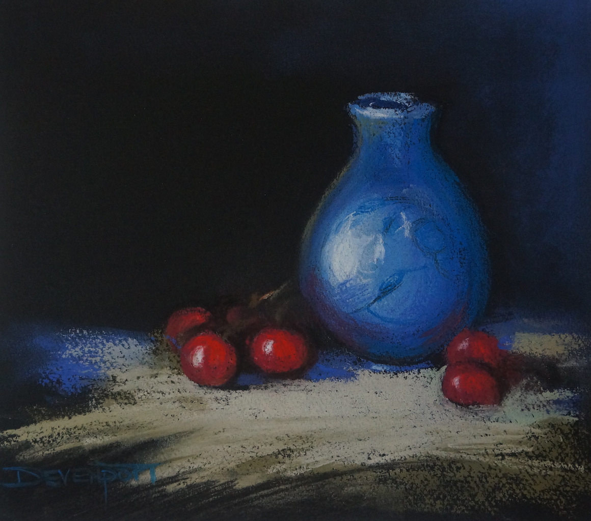 Blue vase with Cherries, pastel (sold)