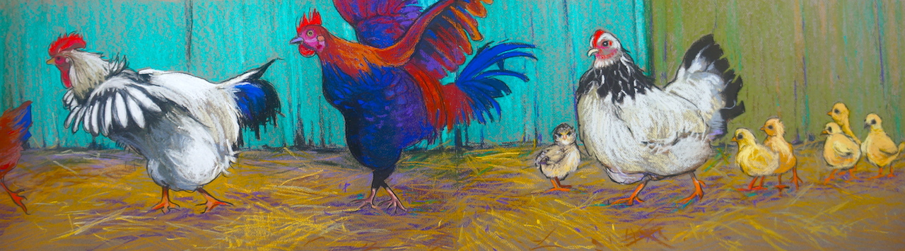 Chickens on the Run, pastel (sold)