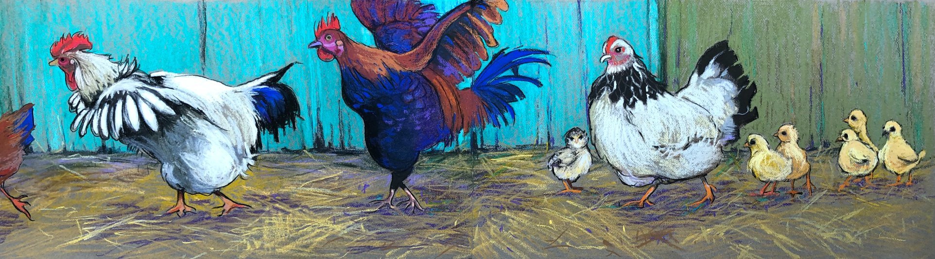 Chickens on the Run, pastel (sold)