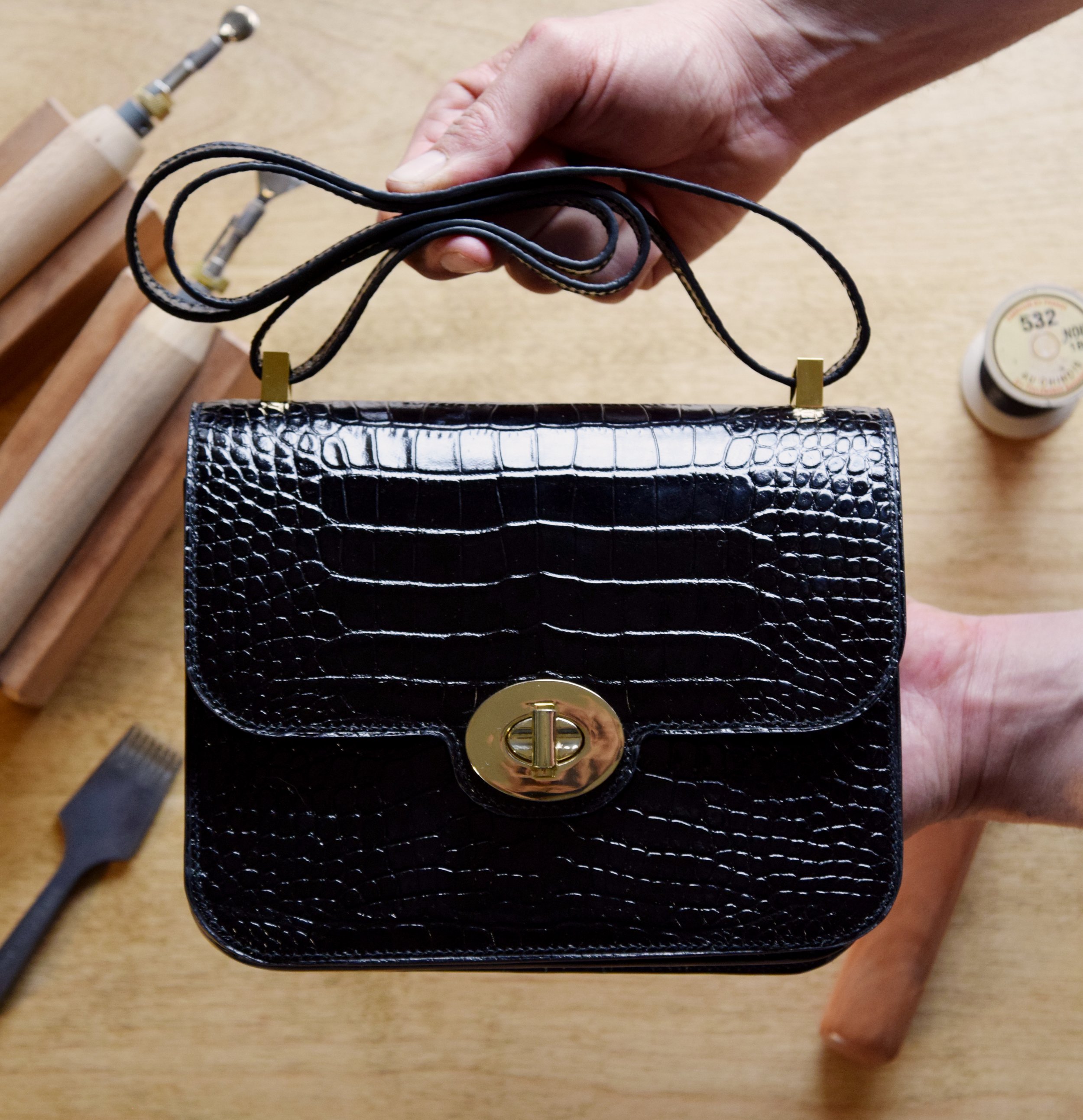 Black Alligator Print Shoulder Bag