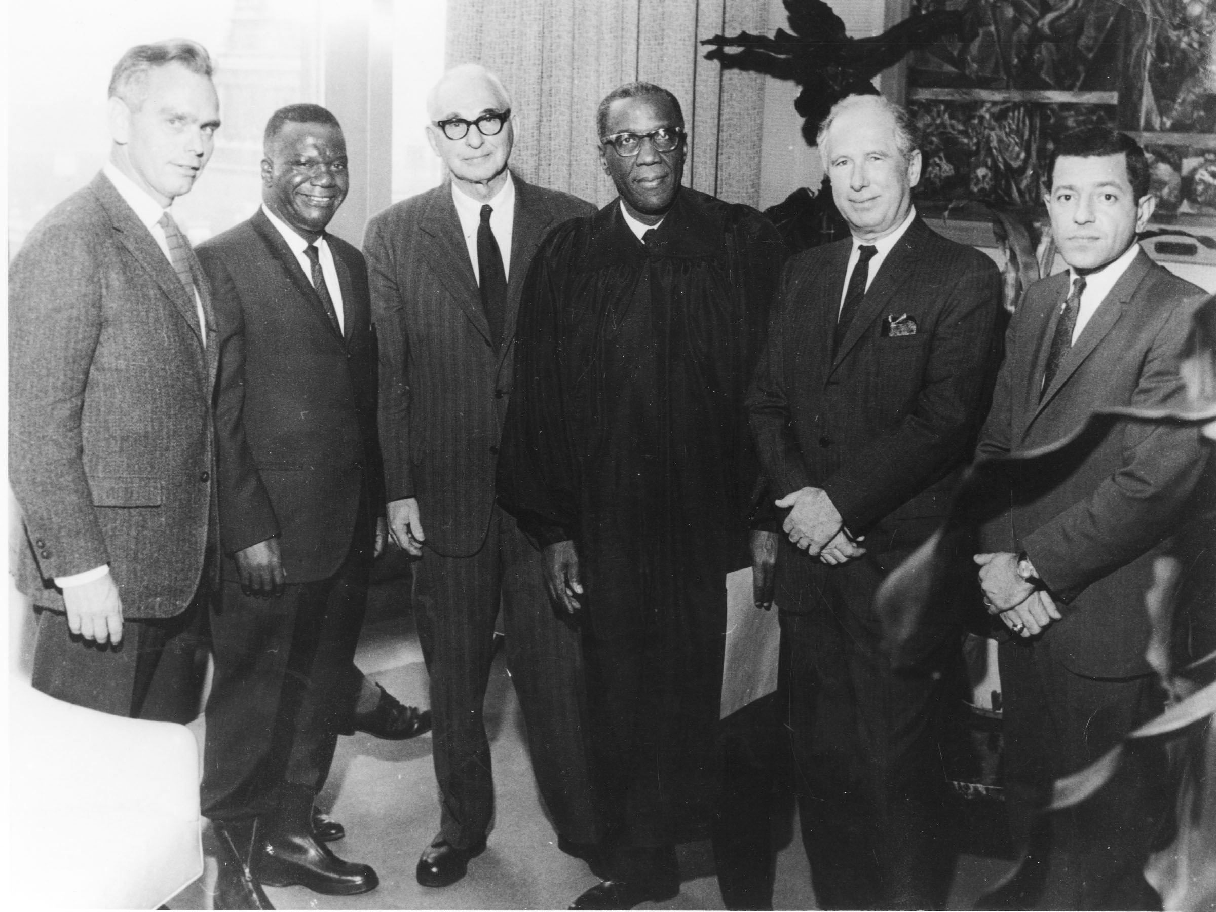 In 1966, celebrated George Crockett’s inauguration as Recorders Court judge with members of the Goodman firm. From left are: Dean Robb, Robert Millender, Sugar, Crockett, Ernest Goodman and George Bedrosian. Photo: Walter Reuther Library, Wayne State University