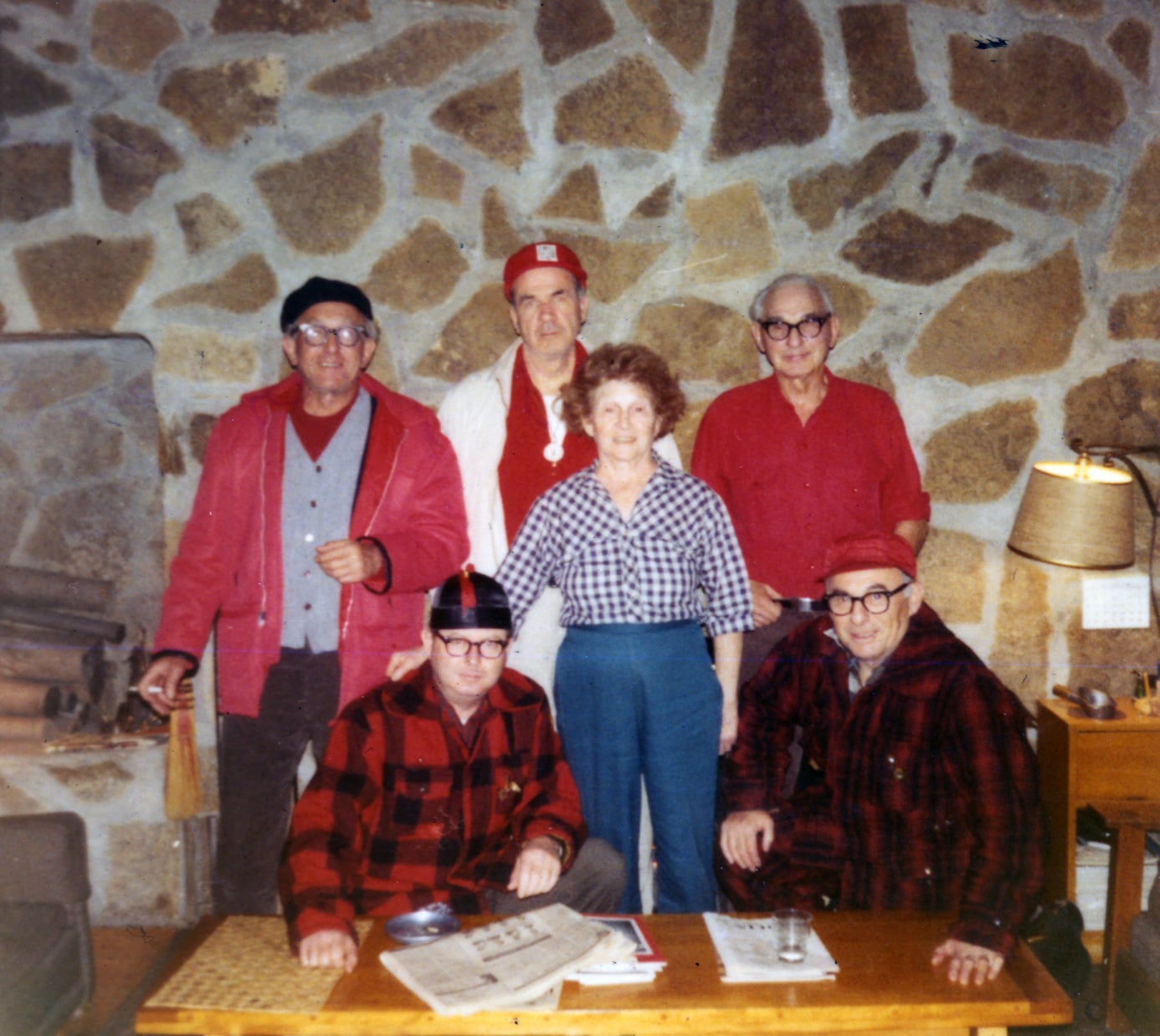 Early Buck Dinner regulars gathered at Black Lake in 1969, left to right standing: Ned Smokler, Mort Furay, Jane Sugar and Maurice Sugar. Seated, left to right: Max Dean and Sid Rosen. Photo from the archives of Ernie Goodman family