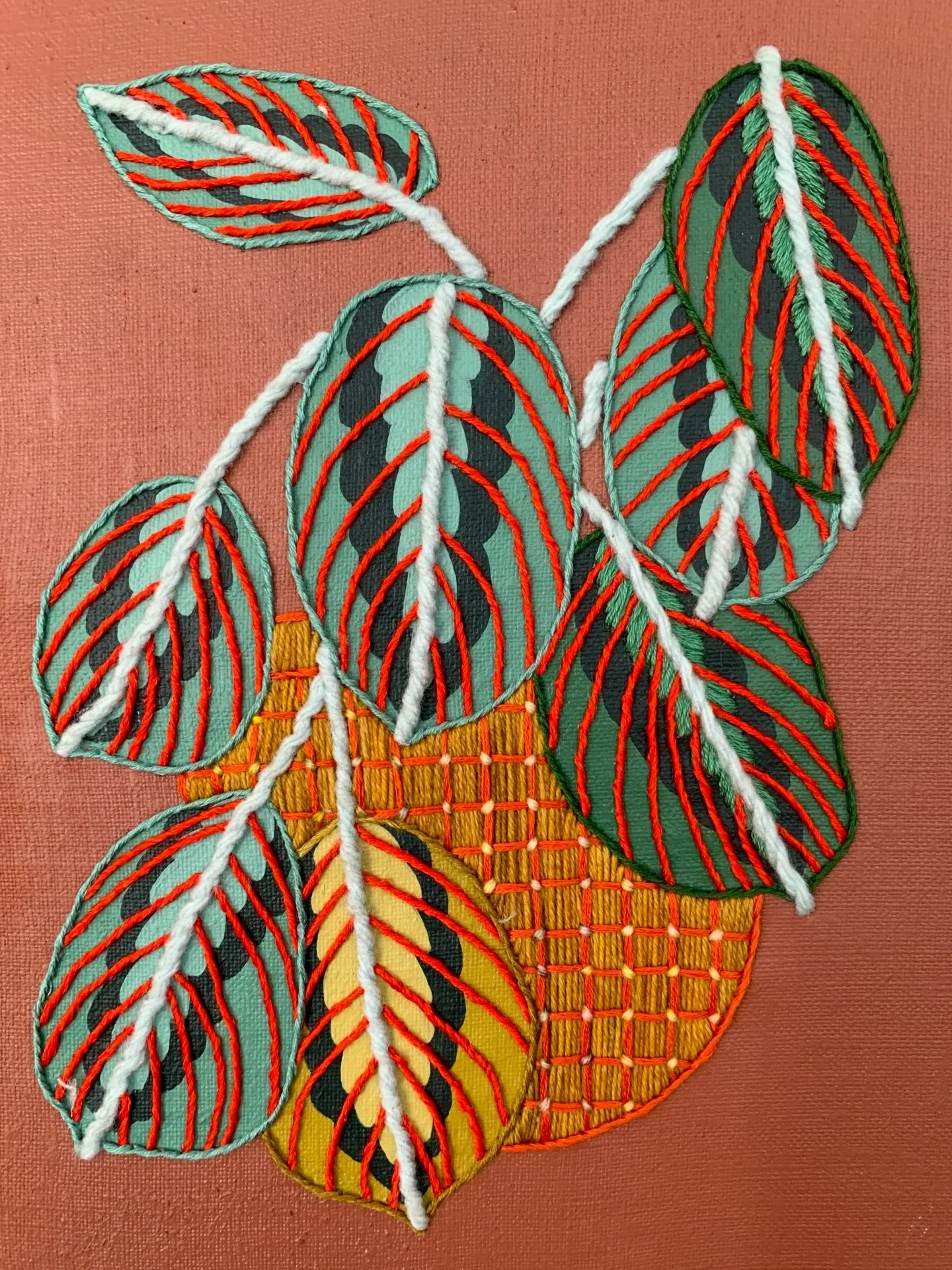 Been working on a little prayer plant series for awhile. 2 of 4 mixed media pieces are finished and I&rsquo;m hoping all of them will be ready for the @craftcouncil show in Baltimore later this month!