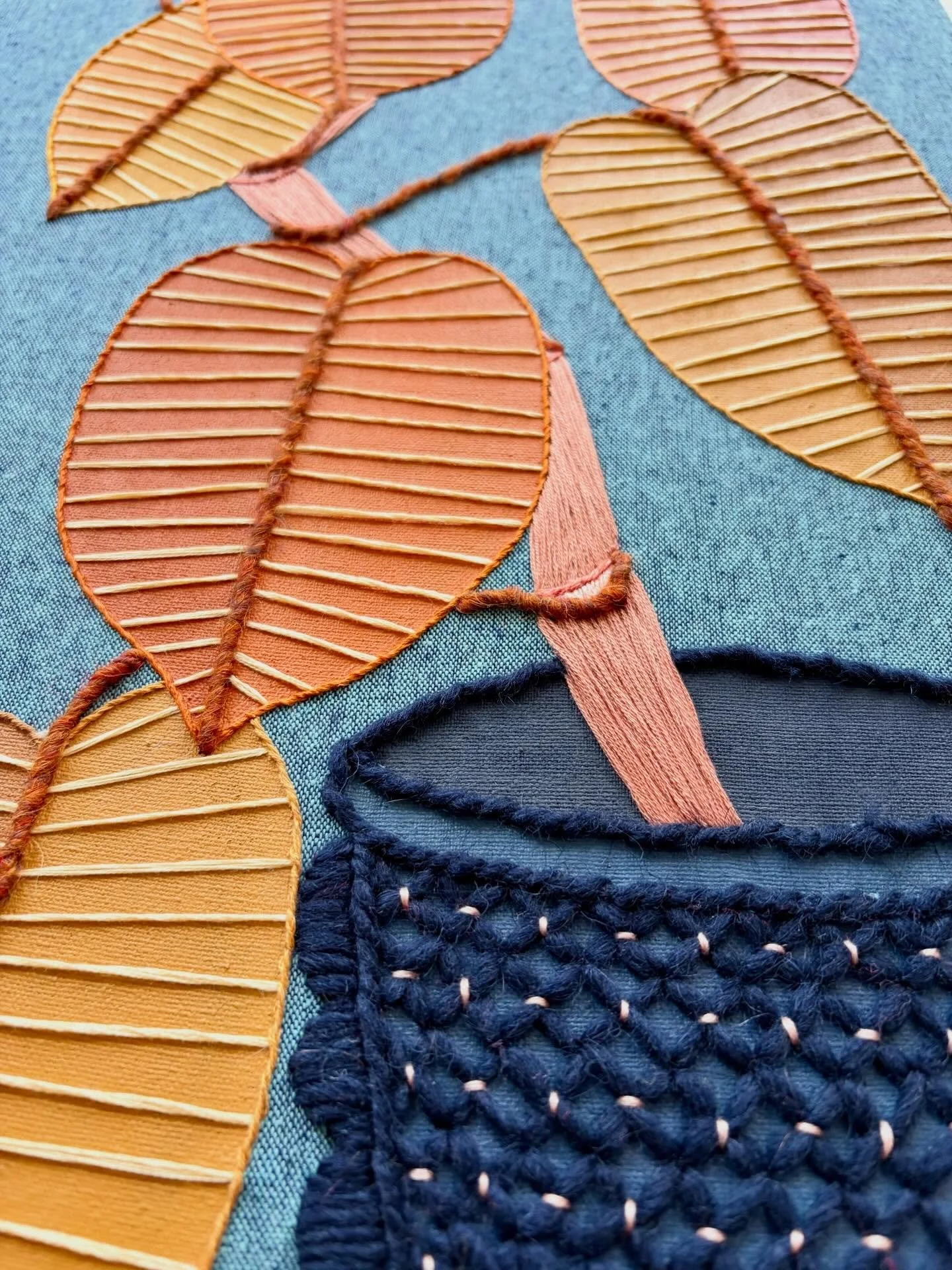 A recently completed mixed media piece on the larger (for me) side. Acrylic paint, assorted secondhand yarn, and cotton thread of stretched linen.