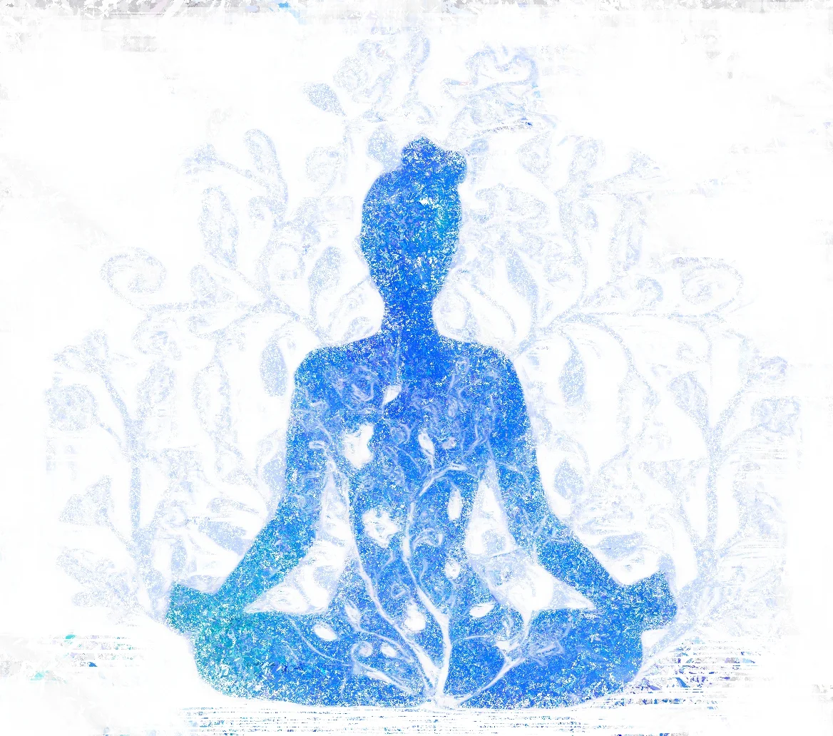 Blue silhouette of a person in a meditative pose with a floral pattern in the background.