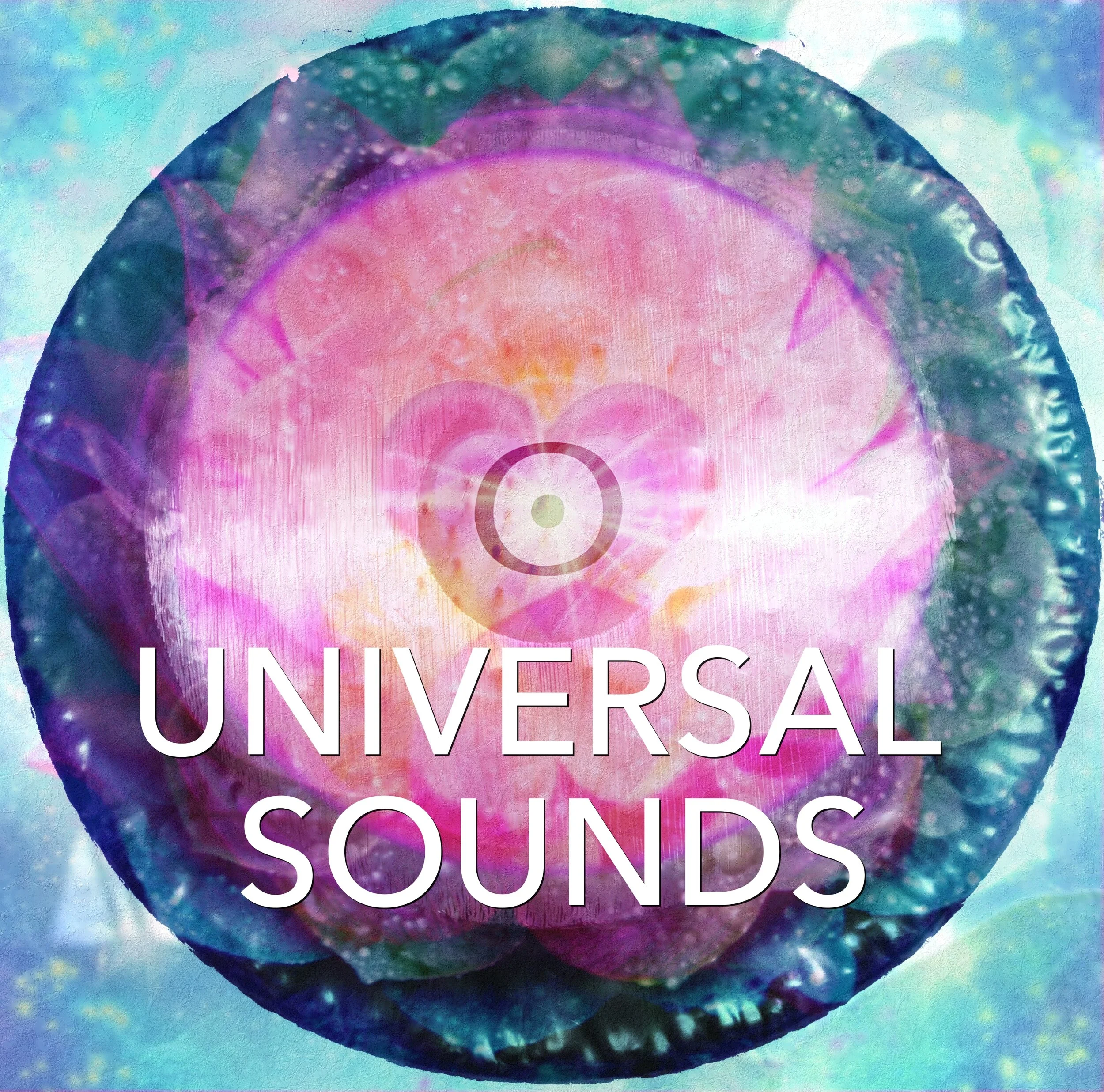 Abstract colorful image with a central pink and purple circular pattern, overlaid with the text "Universal Sounds."