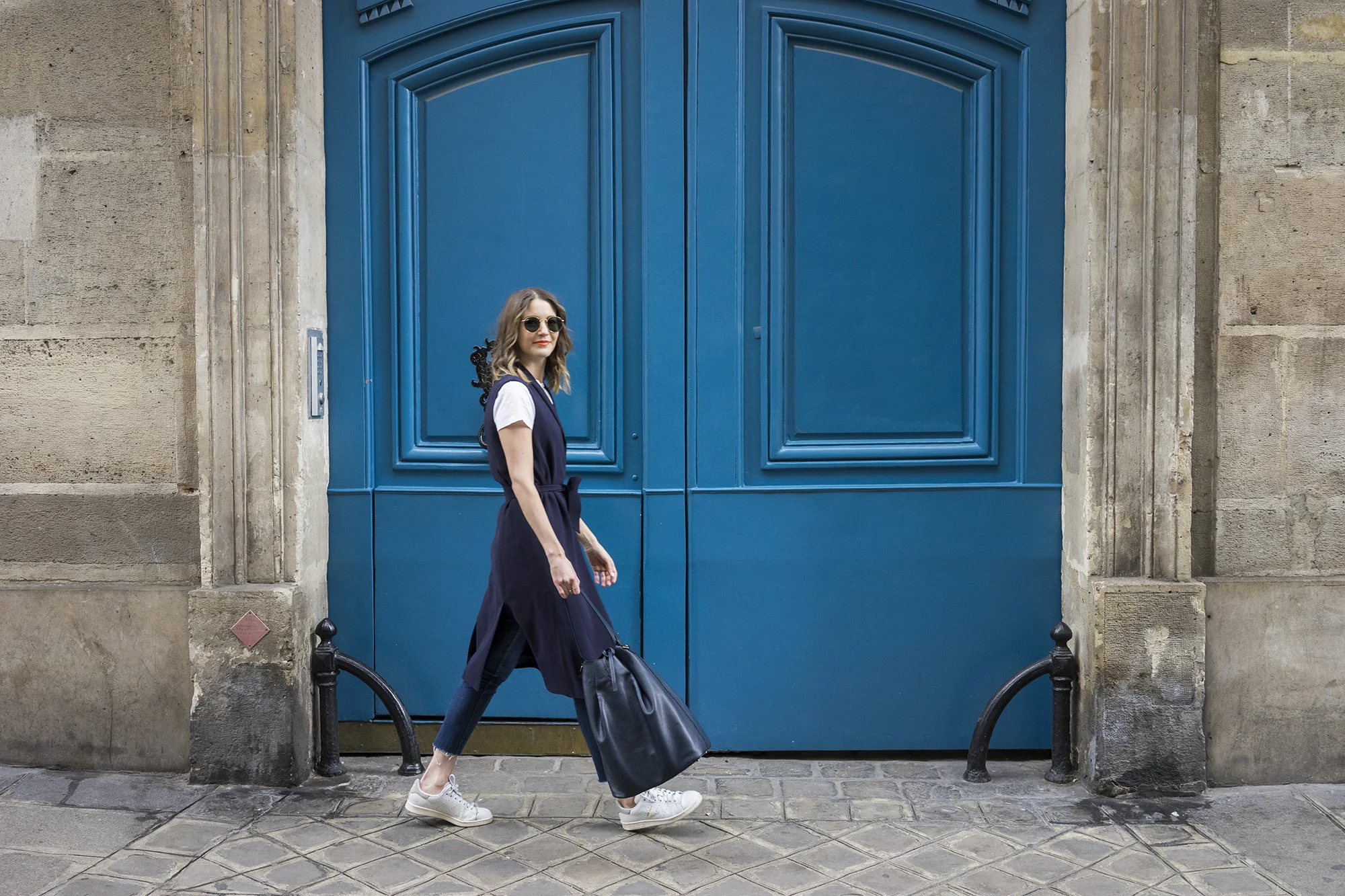Iris & Ink bag, similar here, Iris & Ink Gilet , Stan Smith trainers , Ray Ban Sunglasses , COS jeans , White tee, similar here and MAC lipstick .