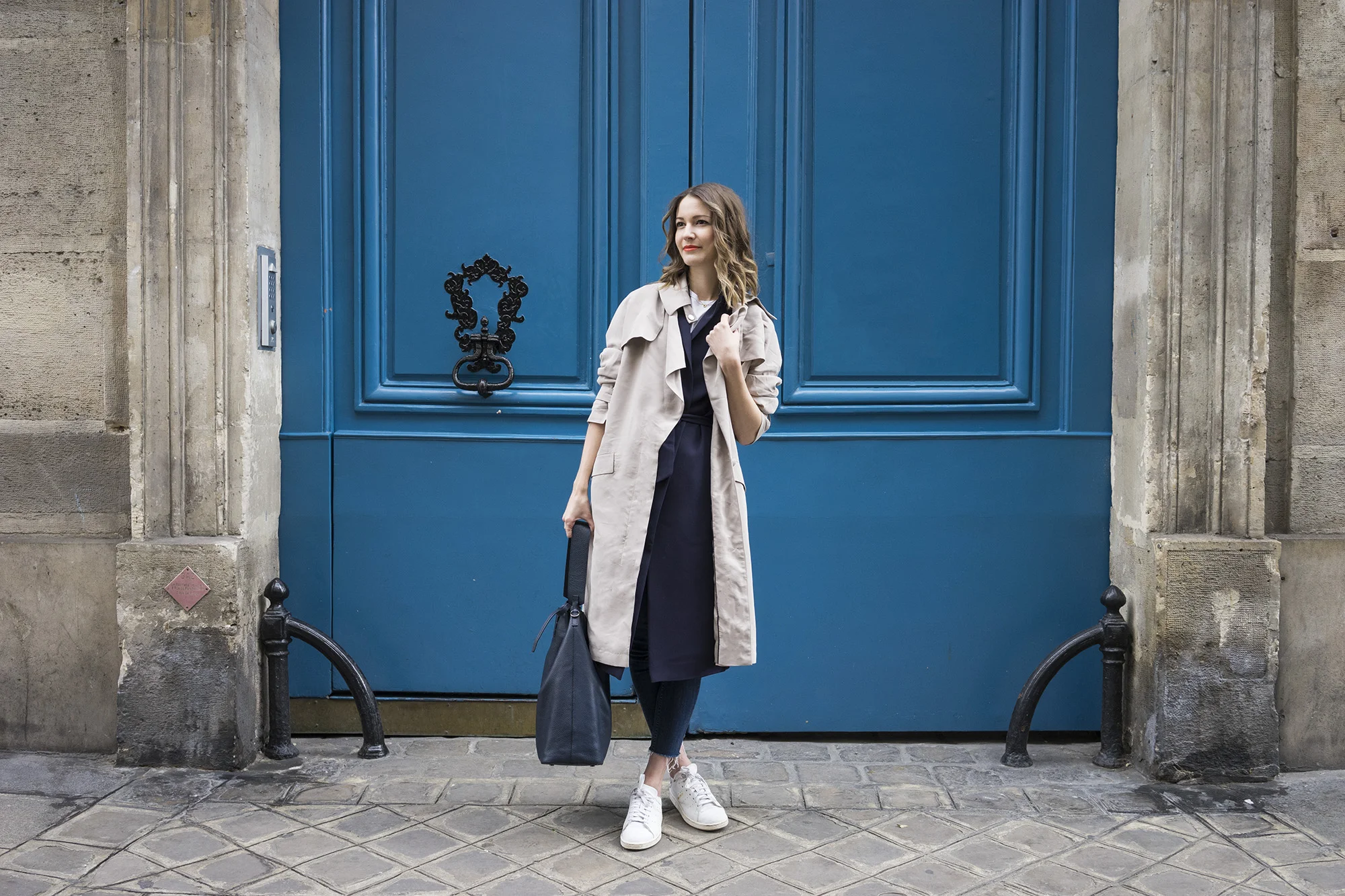 Iris &amp; Ink bag, similar here,&nbsp;Iris &amp; Ink Gilet,&nbsp;Stan Smith trainers,&nbsp;Ray Ban Sunglasses,&nbsp;COS jeans, White tee, similar here, MAC lipstick and Iris &amp; Ink beige trench&nbsp;