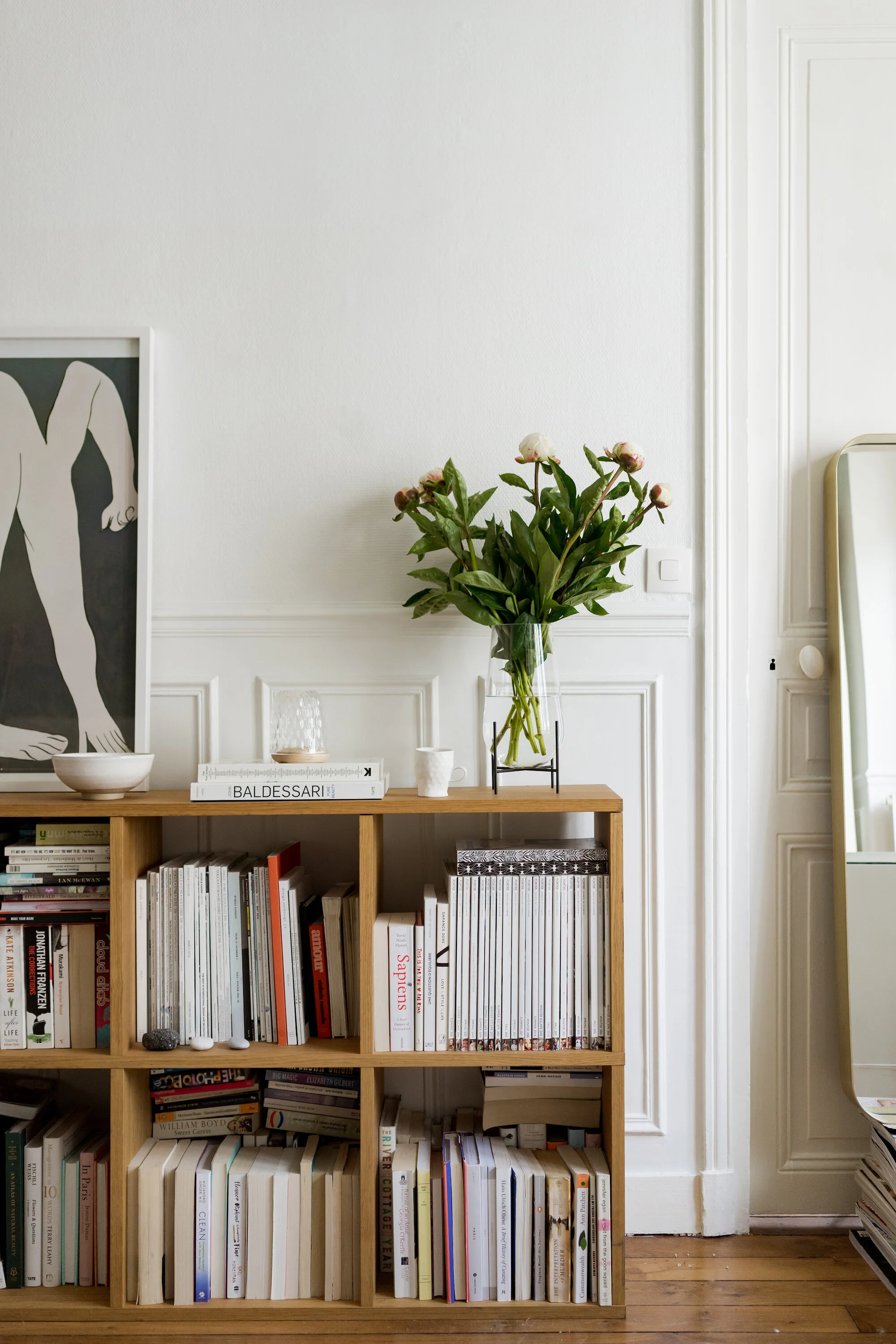 glass vase peonies ceramics books art