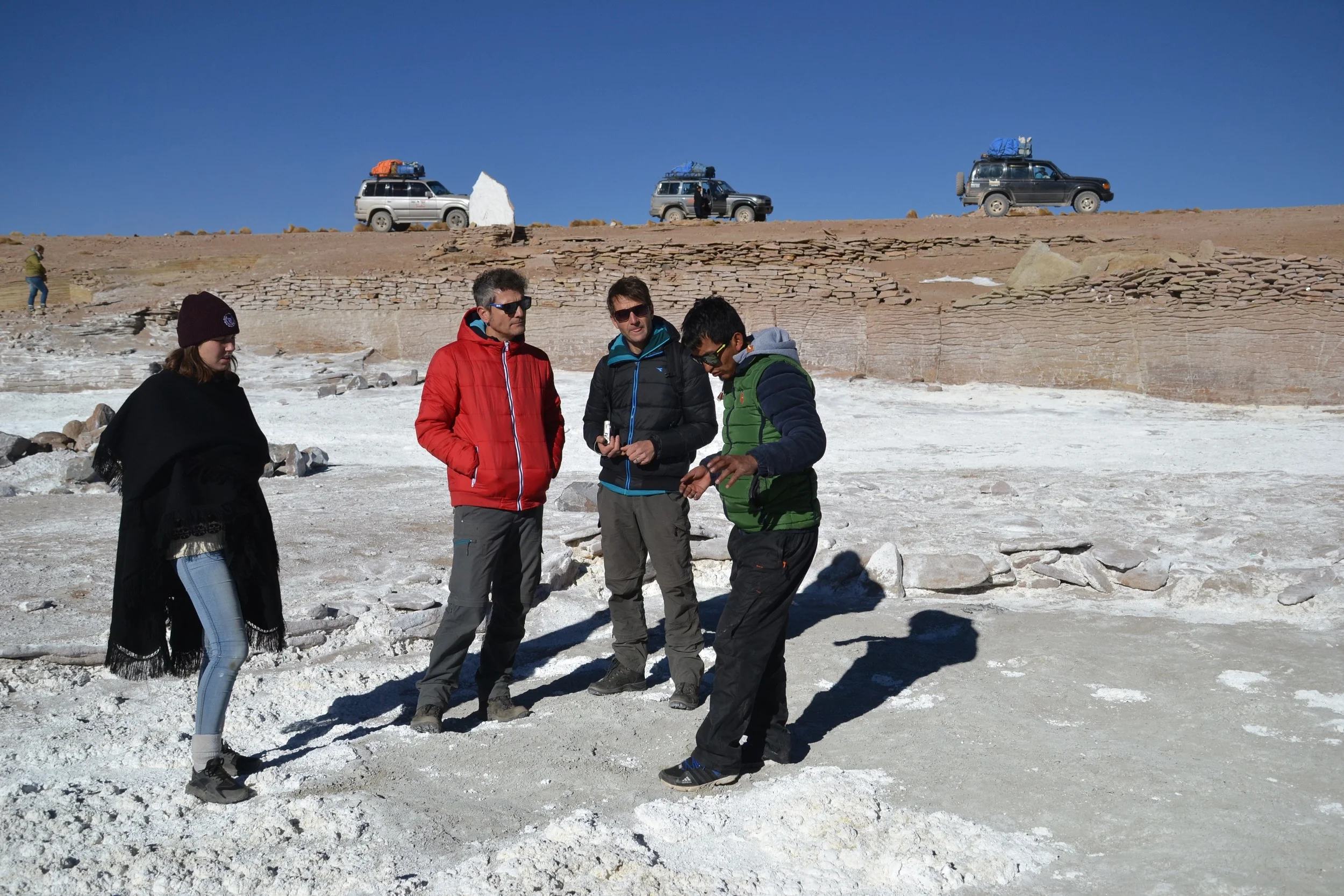 My group in the cold, while Mayco explains a salty lake to us.