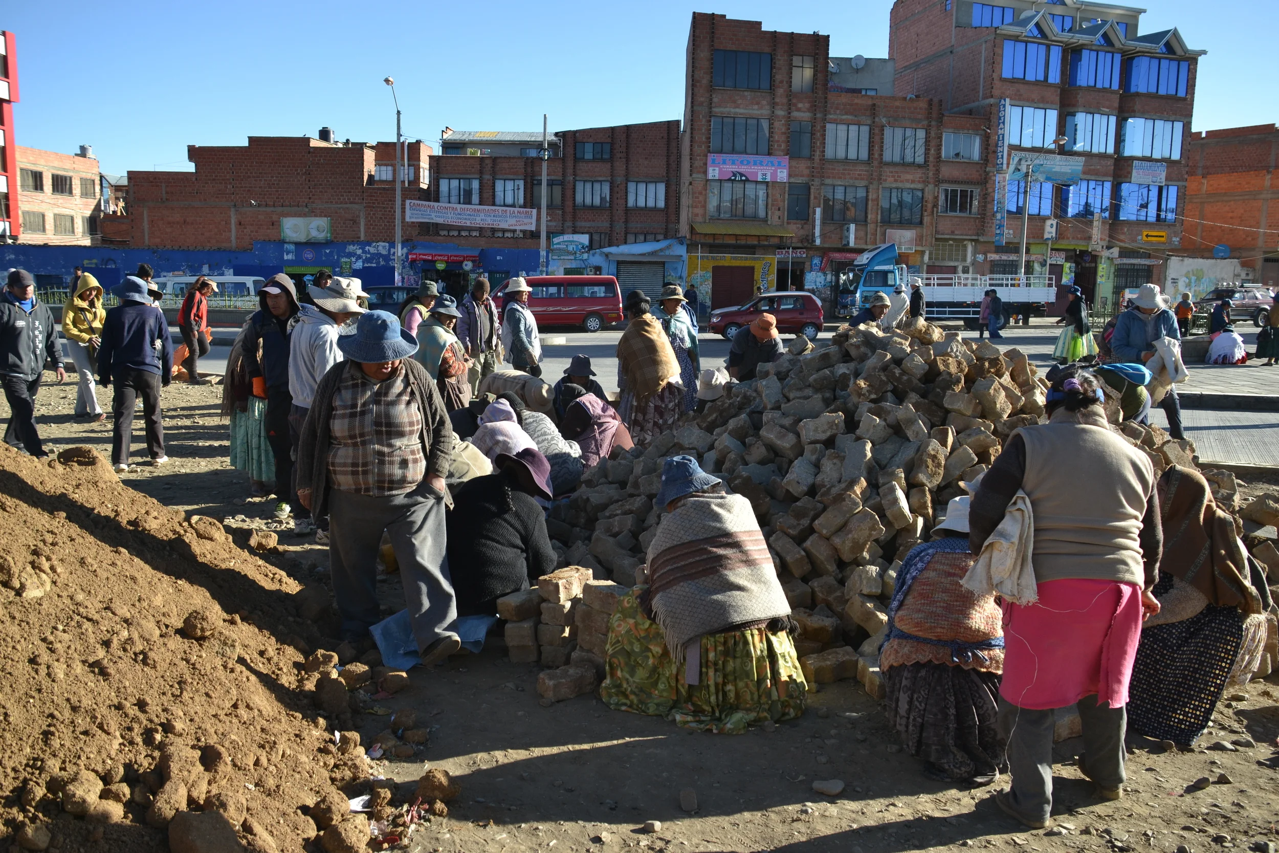 Citizens engaging in ad-hoc construction work in El Alto, a perennially unfinished neighbourhood in La Paz.