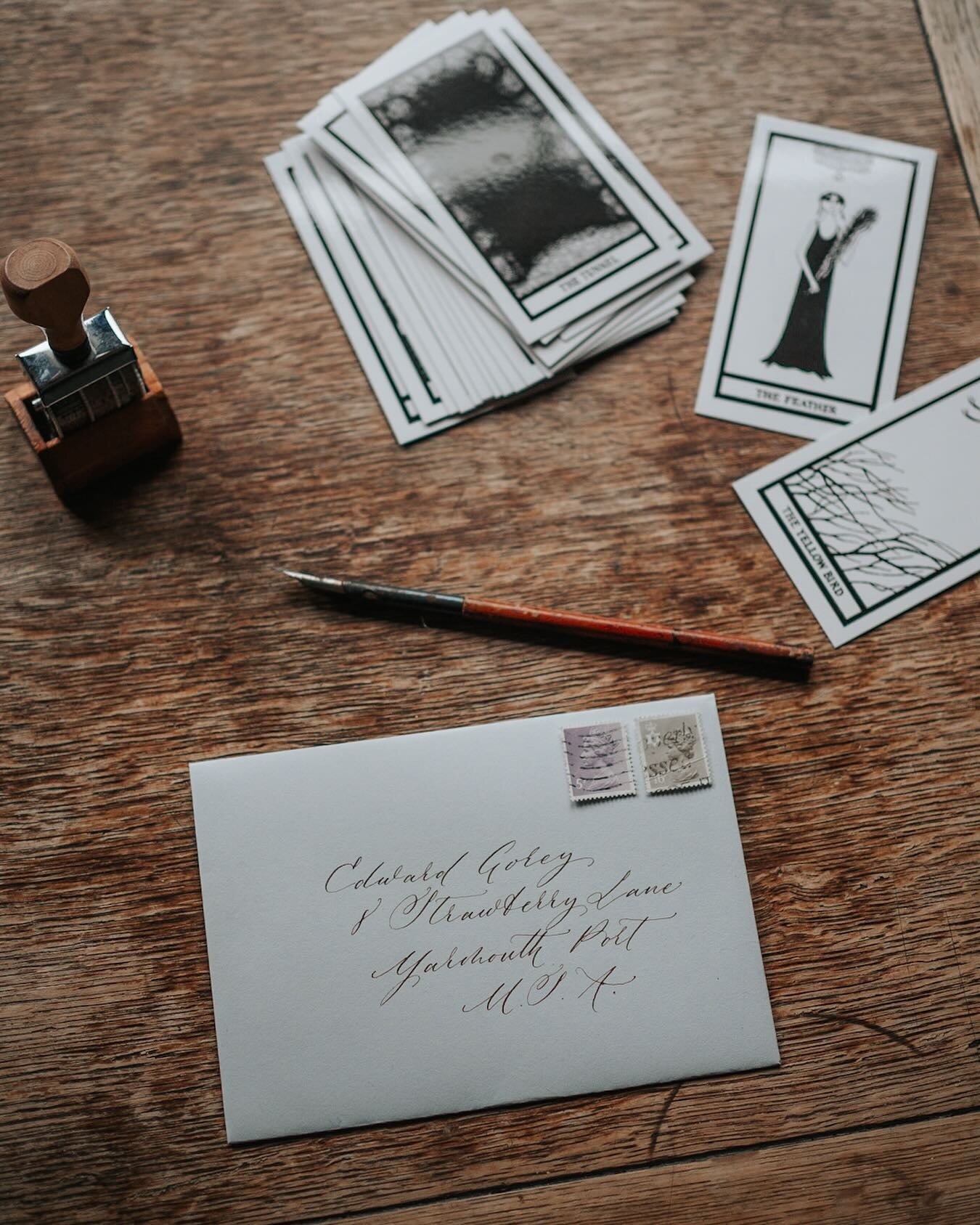 Two of my favourite things: envelope calligraphy and Edward Gorey. I rarely get to do the former (hire me please?) and don&rsquo;t indulge enough in the latter&hellip; The cards are from the Fantod Pack, Gorey&rsquo;s take on the tarot. I love a trad