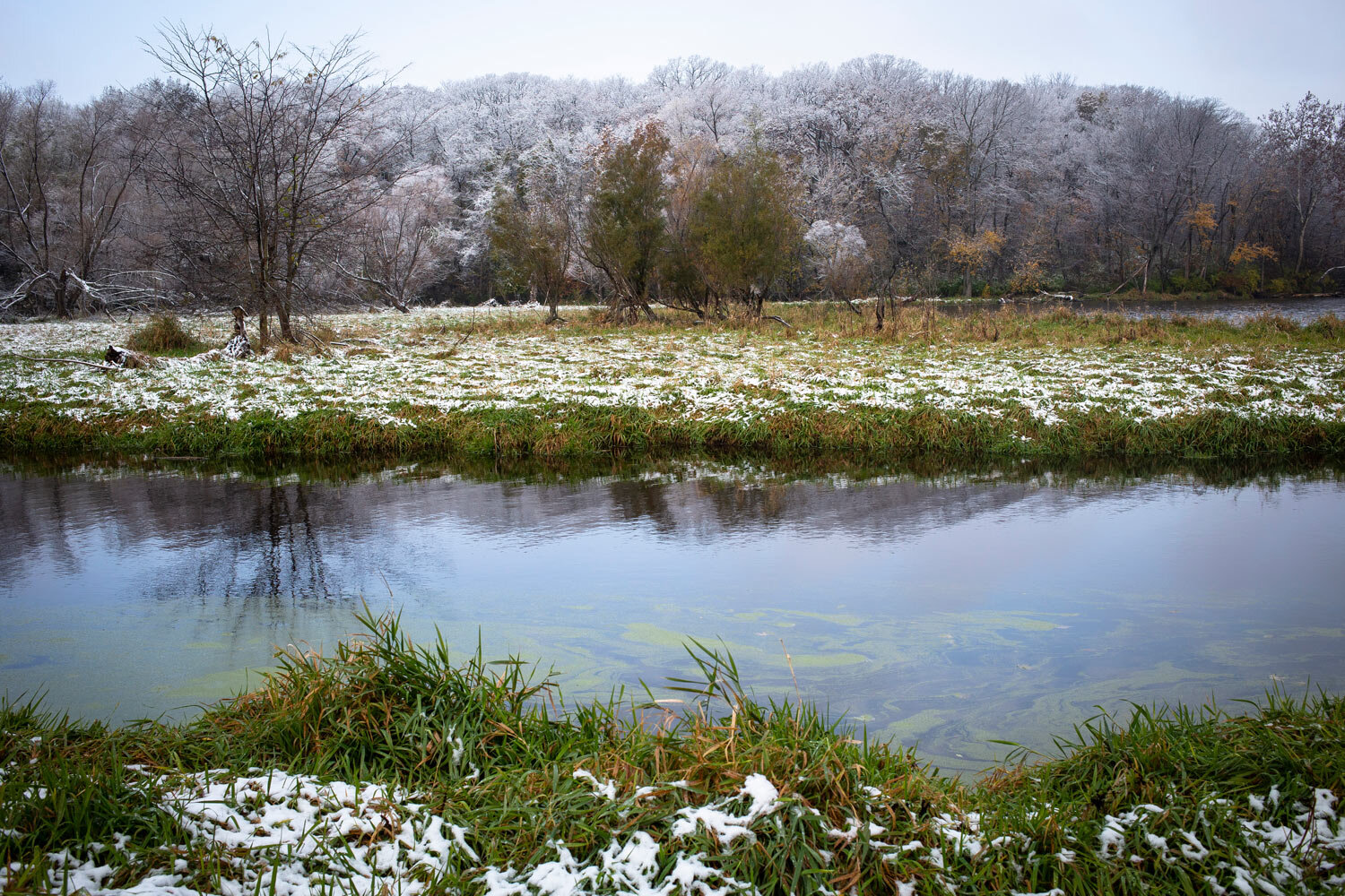  Polecat Creek near Lake Springfield flows through a snow-speckled landscape Friday, Nov. 9, 2018, in Springfield, Ill. [Rich Saal/The State Journal-Register] 