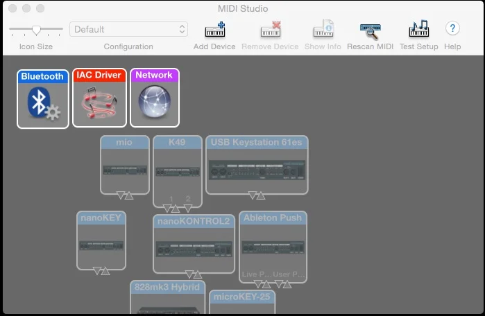 Open your Audio Midi Setup-Window-Show MIDI Studio