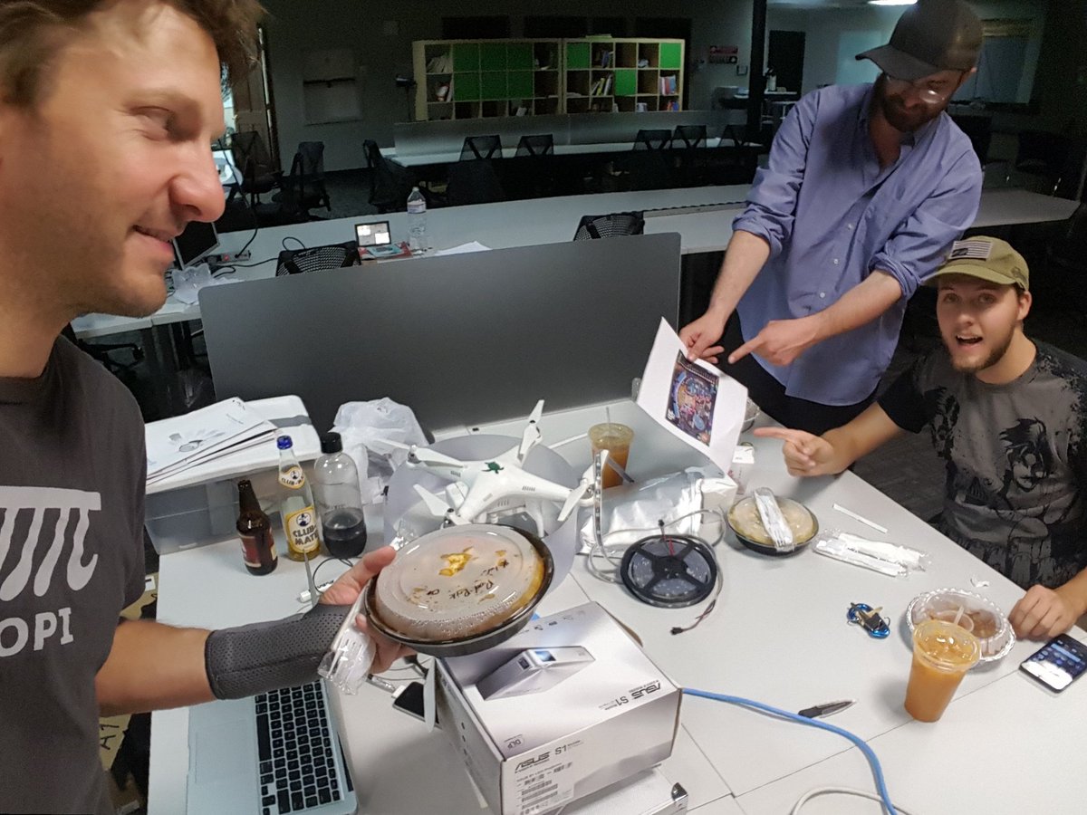 Here we are with our Postmates food and some Club Mates to fuel the hacking.