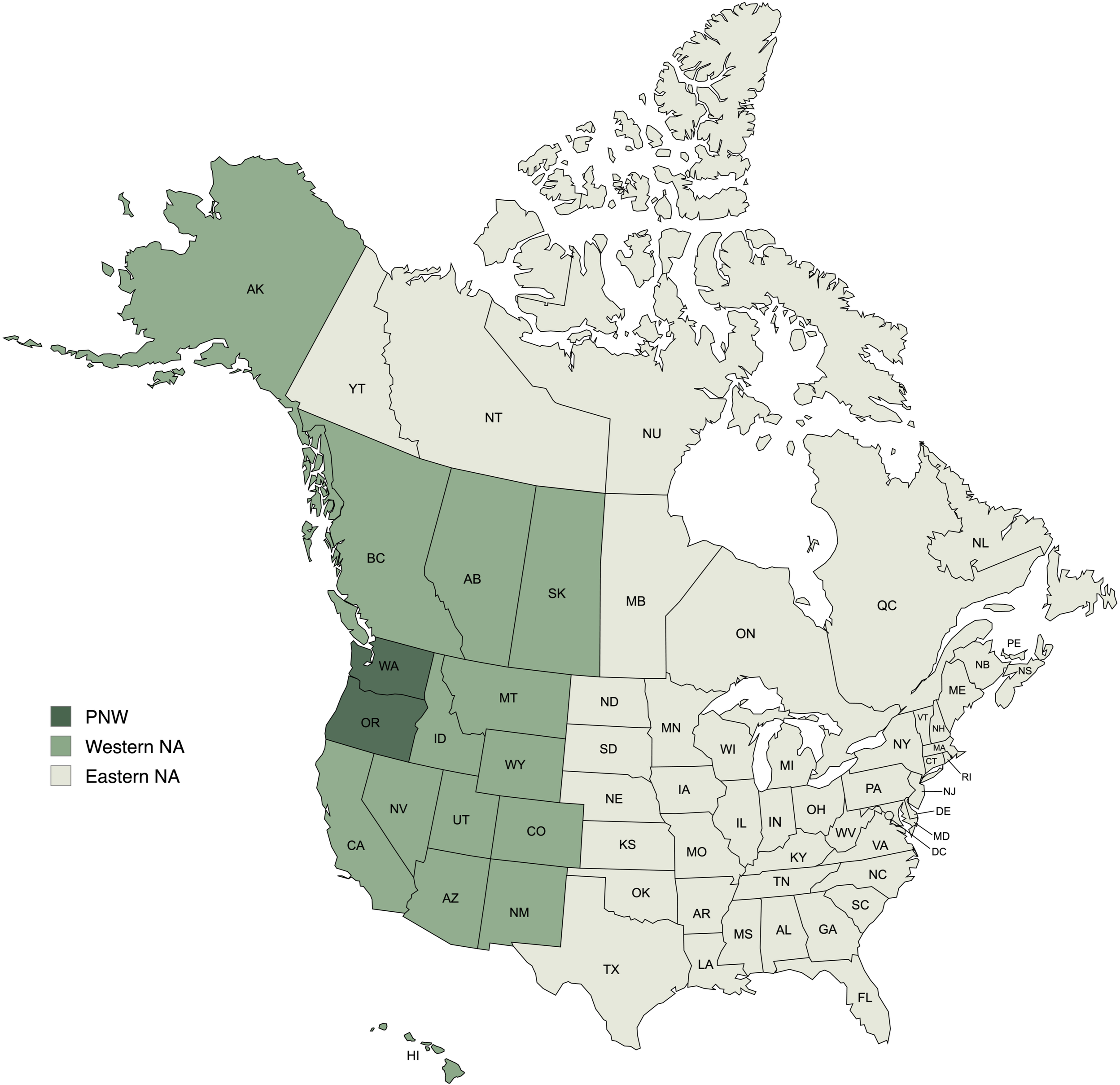 The Three Geographic Regions of North America Considered in this Study