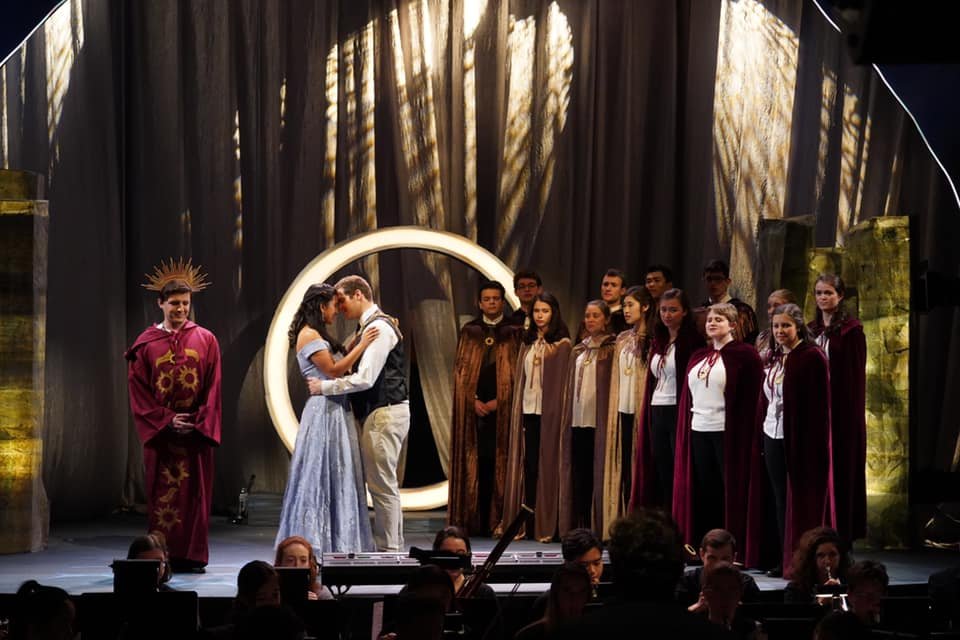  Act II: Pamina (Jahnavi Rao ’22) and Tamino (Samuel Rosner ’20), reunite for an embrace after successfully completing the trials of wisdom, earning the right to wed and enter the order of priests’ temple.  