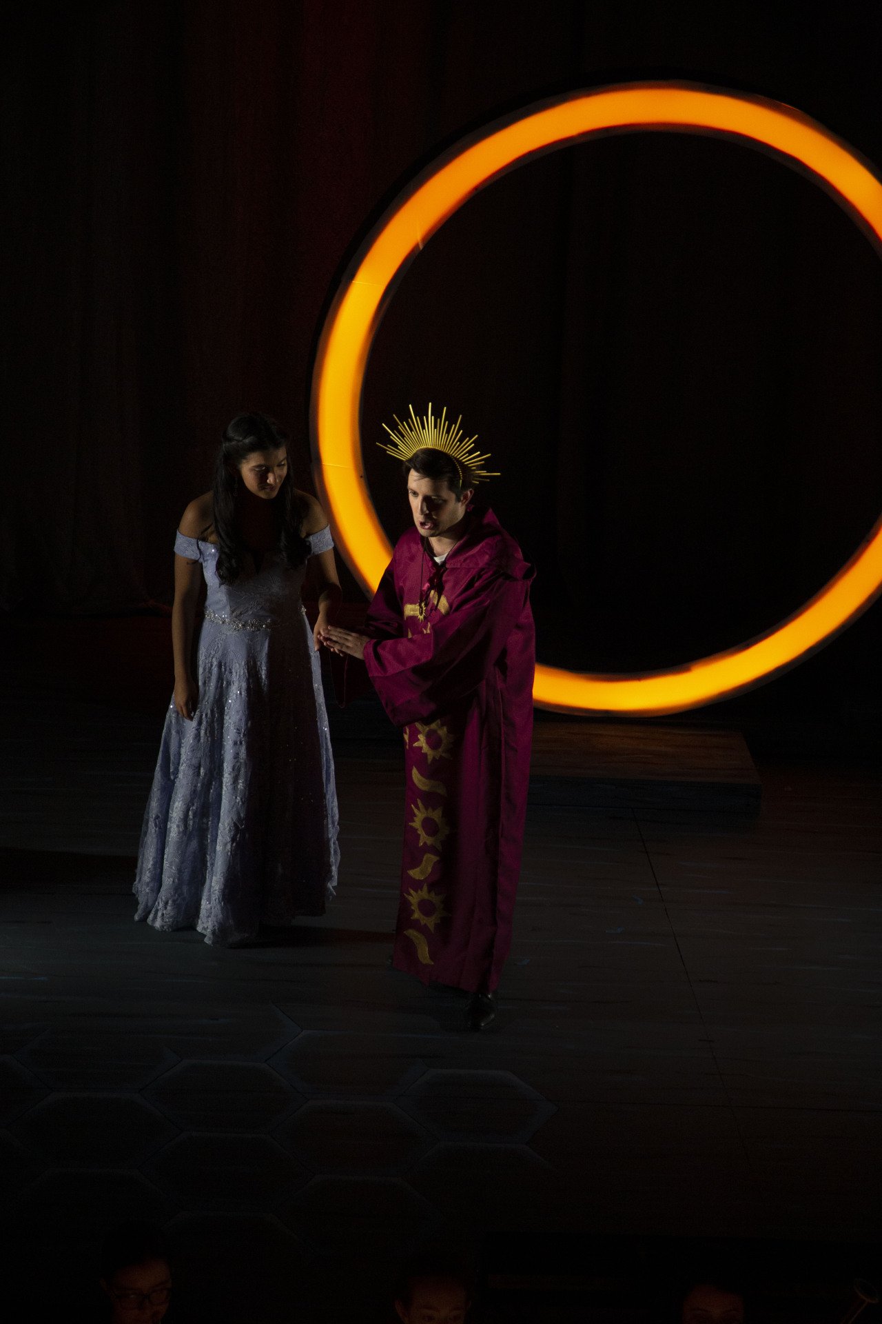  Act II: After banishing the lustful Monostatos (James Rose ’22), Sarastro (Luke Minton ‘20) offers Pamina (Jahnavi Rao ’22) a consolation that he does not intend to take vengeance on her mother, the Queen of the Night, though he knows she roams the 