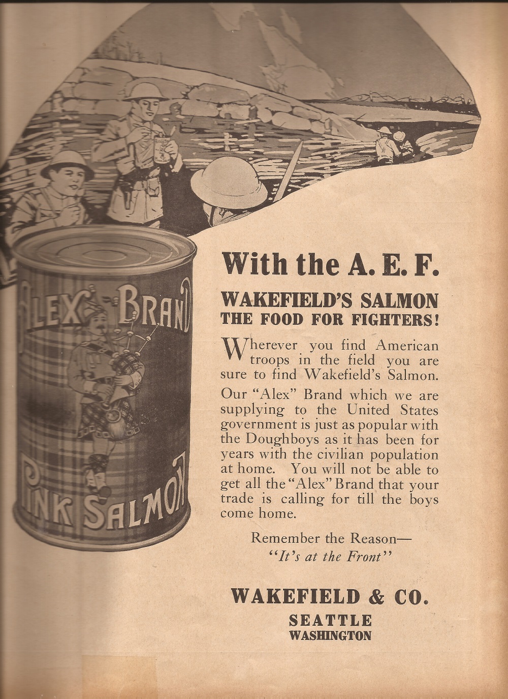 An advertisement printed in Pacific Fisherrman in 1918, showing troops eating their "iron rations."