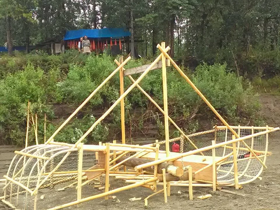 One of Wright's fish wheels, under construction. Photo courtesy Charlie Wright.