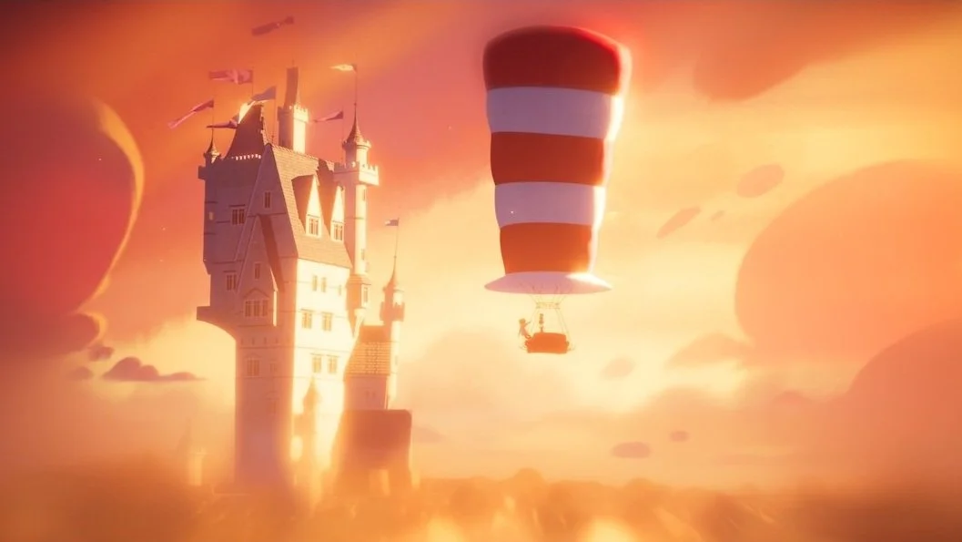 A still image from animated film The Cat in the Hat (2026) depicting a hot air balloon shaped like a red and white striped hat floating toward a tall castle at sunset