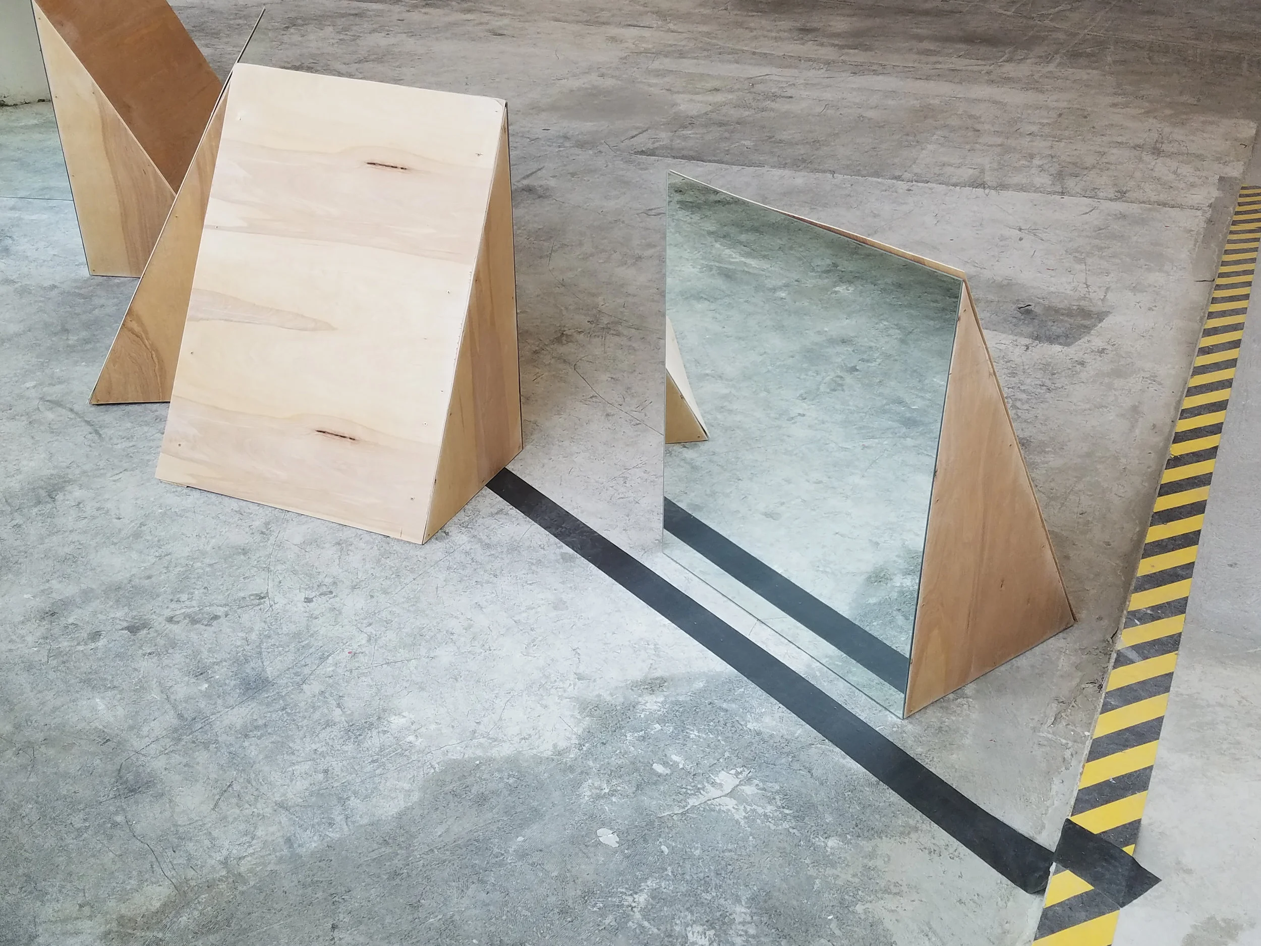 Vertices 2×4s, plywood, mirrors, Gaff tape 2017 36" × 36" × 1080" (entire installation) Derek Frankhouser