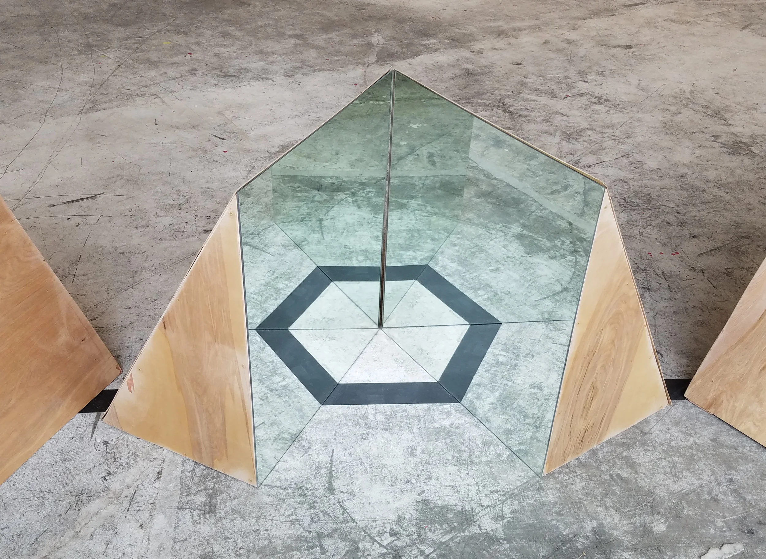 Vertices 2×4s, plywood, mirrors, Gaff tape 2017 36" × 36" × 1080" (entire installation) Derek Frankhouser