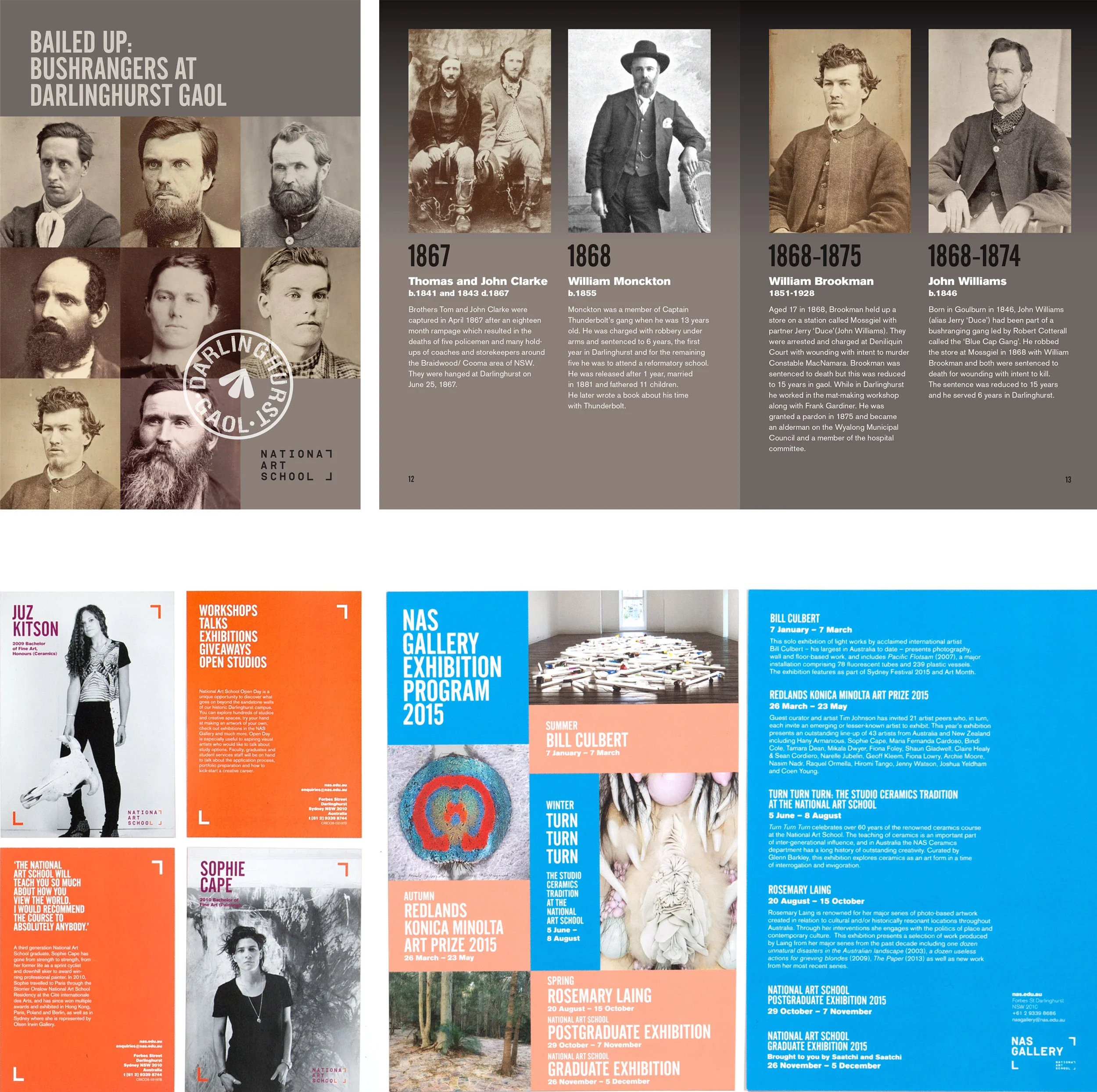 client National Art School projects Bailed up: Bushrangers at Darlinghurst Gaol brochure | Alumni promotional postcards | NAS Gallery Exhibition Program 