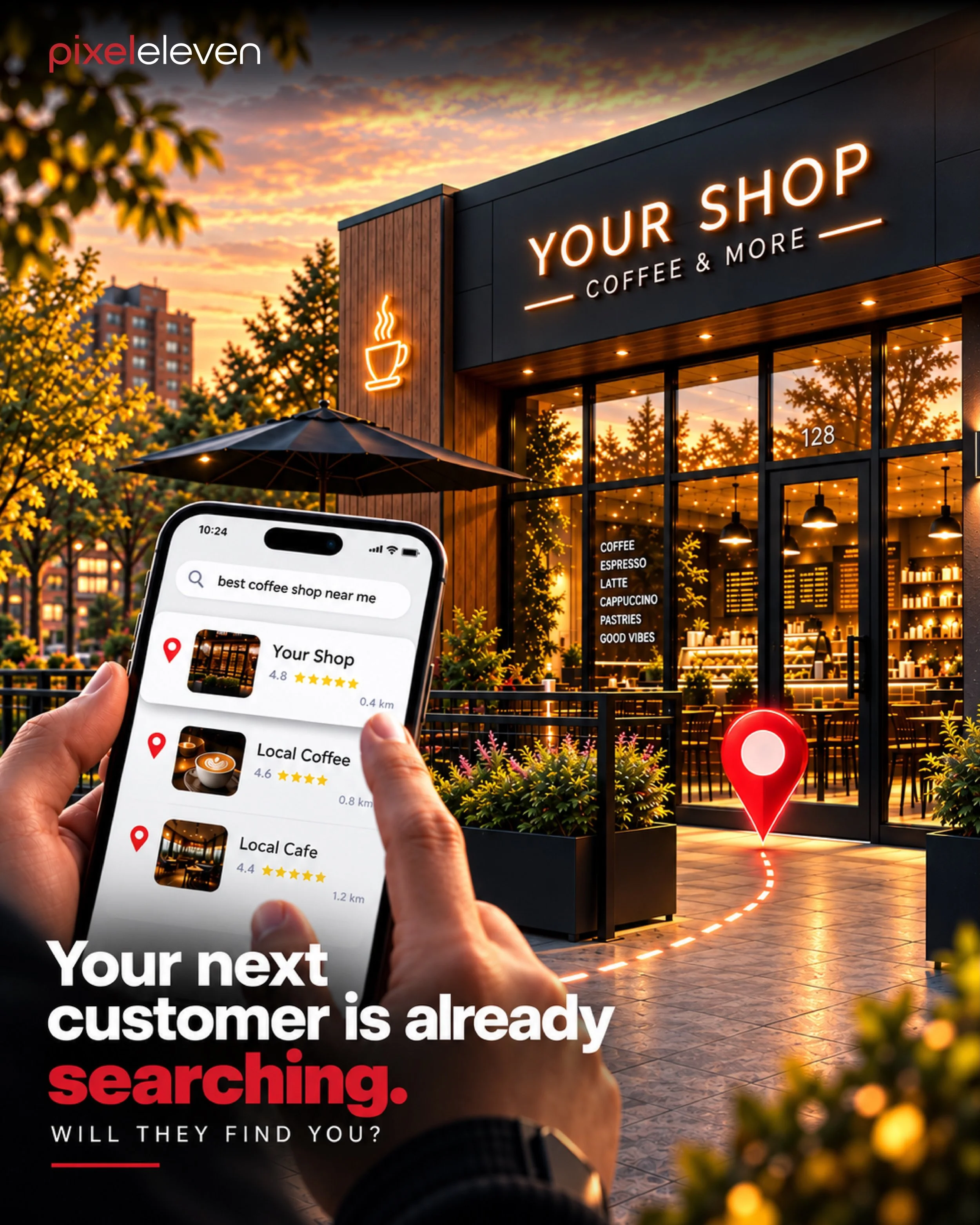 You could be exactly what someone is looking for. But first, they need to find you.

A clear website. A stronger search presence. Advertising that gets you noticed.

Pixel Eleven helps connect your business with people looking for what you offer.

Re