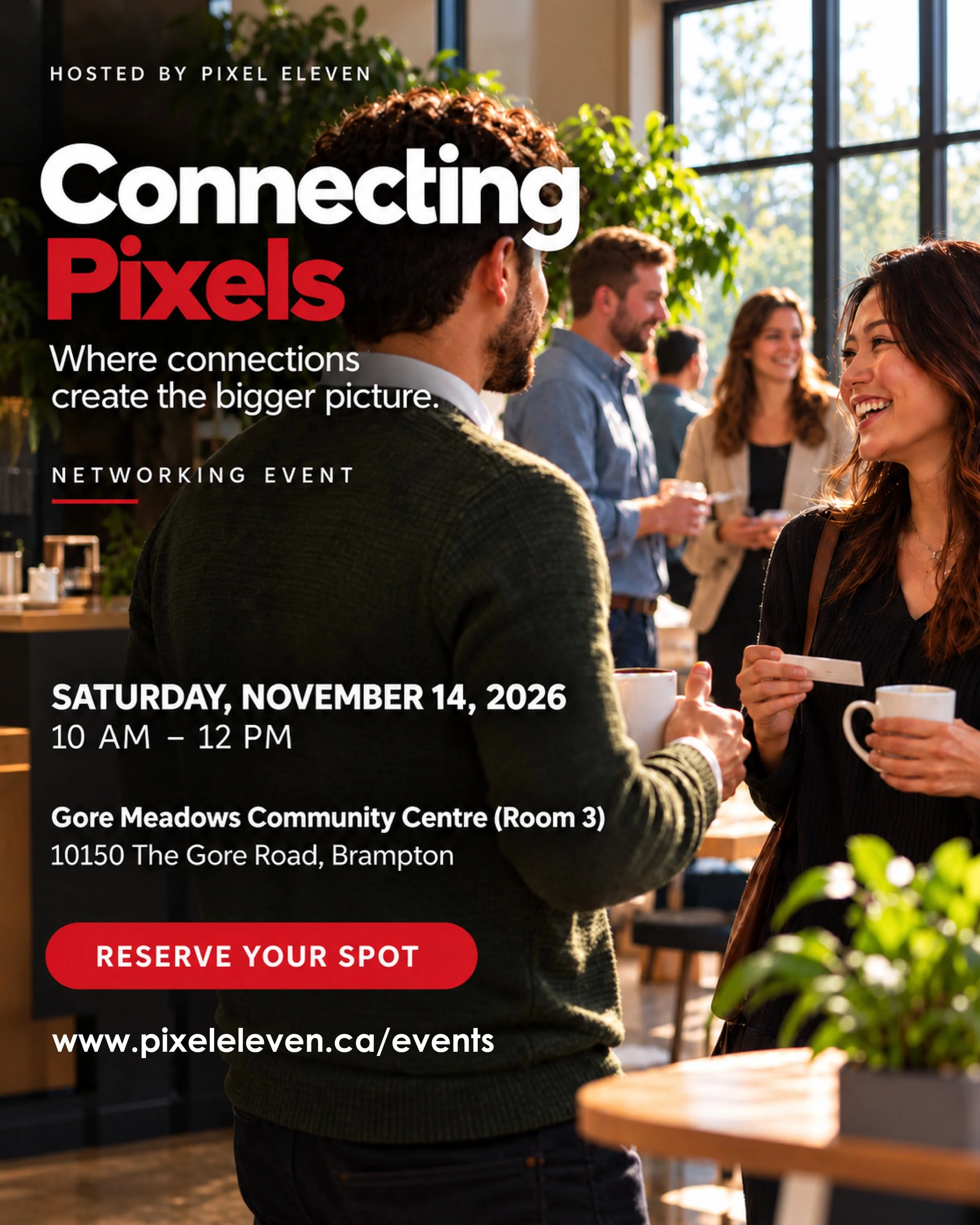 Your next connection could start with a simple conversation. 🤝

Already running a business, just getting started or thinking about starting one? Join us at Connecting Pixels, a free networking event hosted by Pixel Eleven.

Meet local business owner