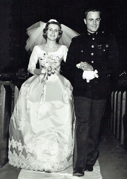 Sikky and her handsome groom in his uniform at their 1962 Marine Corps wedding at Myers Park Methodist Church.