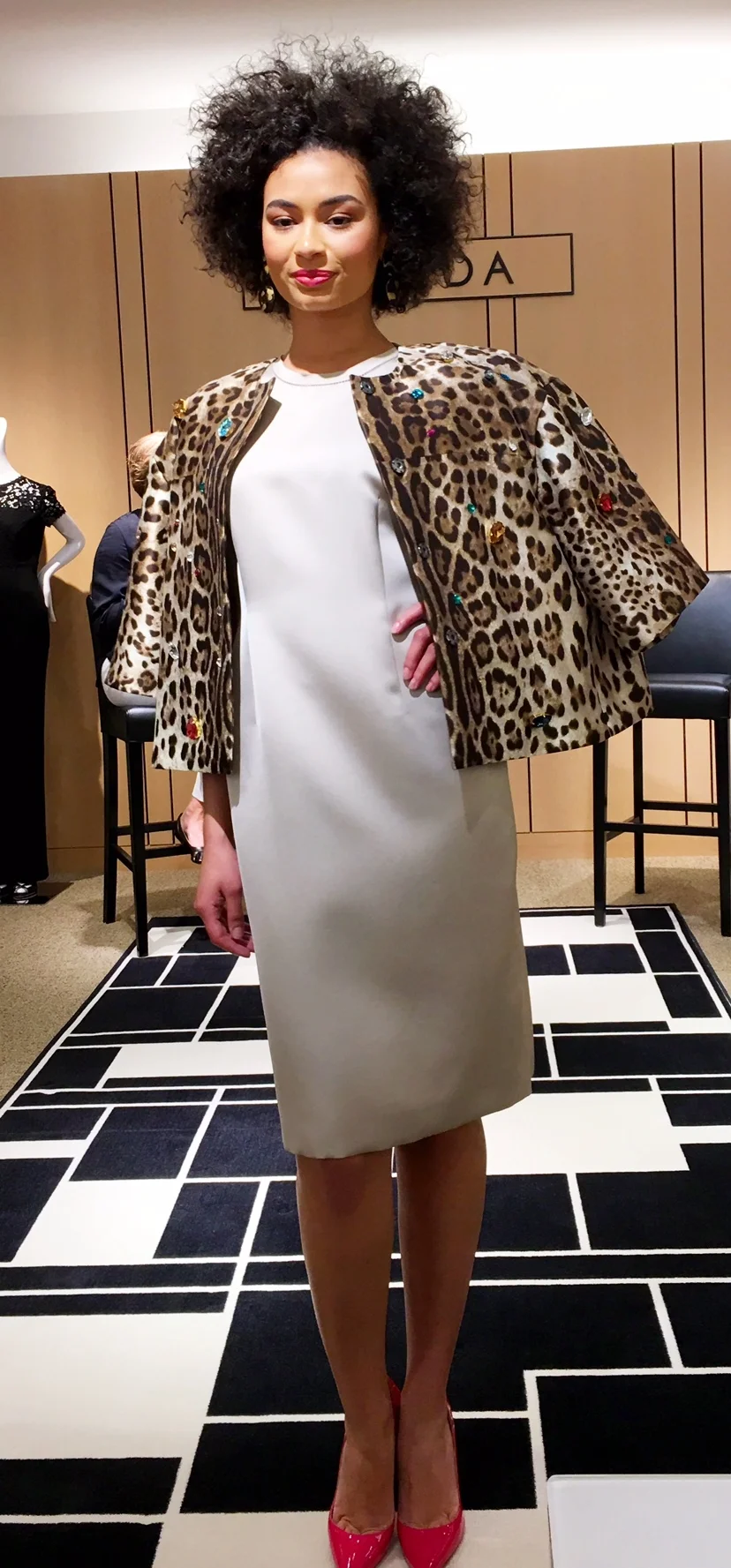 An elegant and exciting spring look from Neiman Marcus at SouthPark mall: An Escada dress, Dolce & Gabbana animal print embellished jacket and pink patent leather shoes. 
