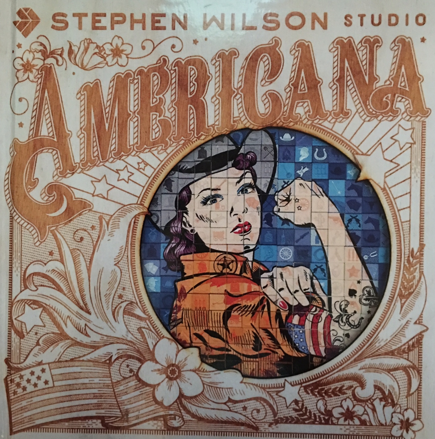 The cover of the book about the Americana installation features the artist's modern take on the famous Rosie the Riveter image.