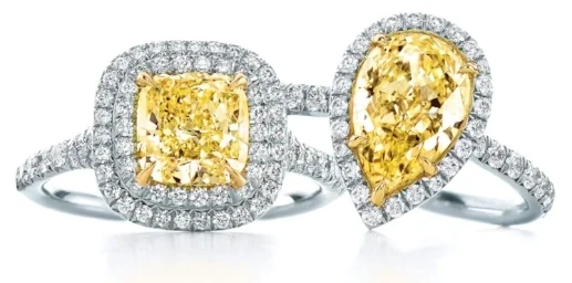 Yellow diamonds are a popular option. Tiffany Soleste Cushion, left, priced from $16,200; and Tiffany Soleste Pear, priced from $7,400. 