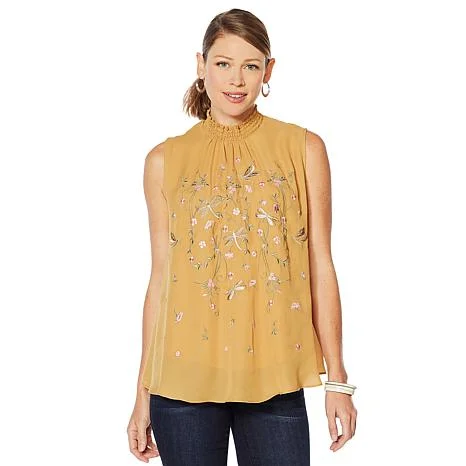 Embroidered Mock Neck Blouse in Tan, $69.90. Also available in Indigo and Turquoise.