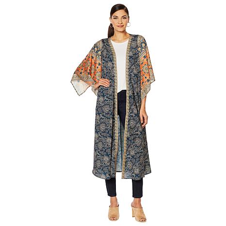  Printed Kimono Duster in Navy Multi, $89.25. Also available in Burnt Orange Multi.  