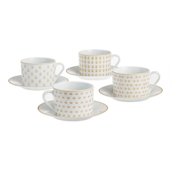  White and Gold Downton Abbey Teacups and Saucers, set of four, $35.96.  