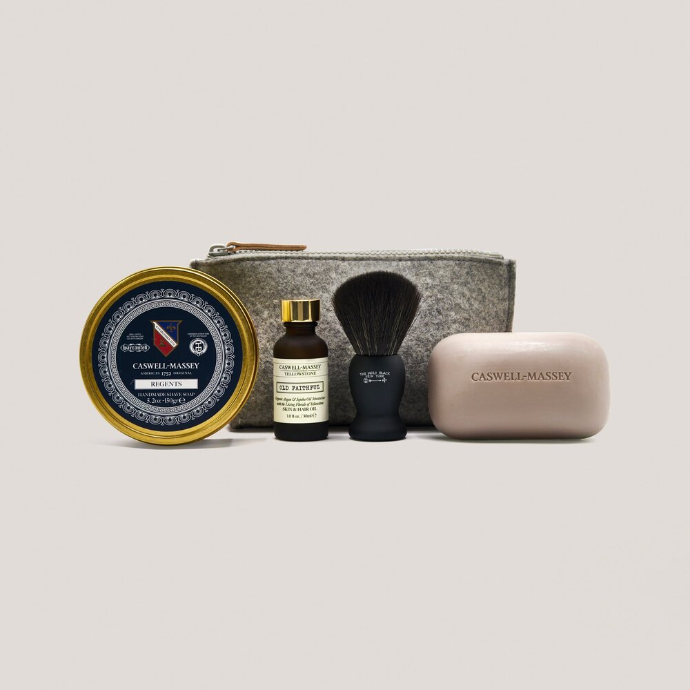   GRAF LANTZ X CASWELL-MASSEY GROOMING KIT: A stylish way to start the day off with a perfectly groomed appearance. It comes with a Graf Lantz Hana Pouch, Regents Premium Shave Soap Tin, Holy Black Shave Brush and Castille Soap. $98.    caswellmassy.